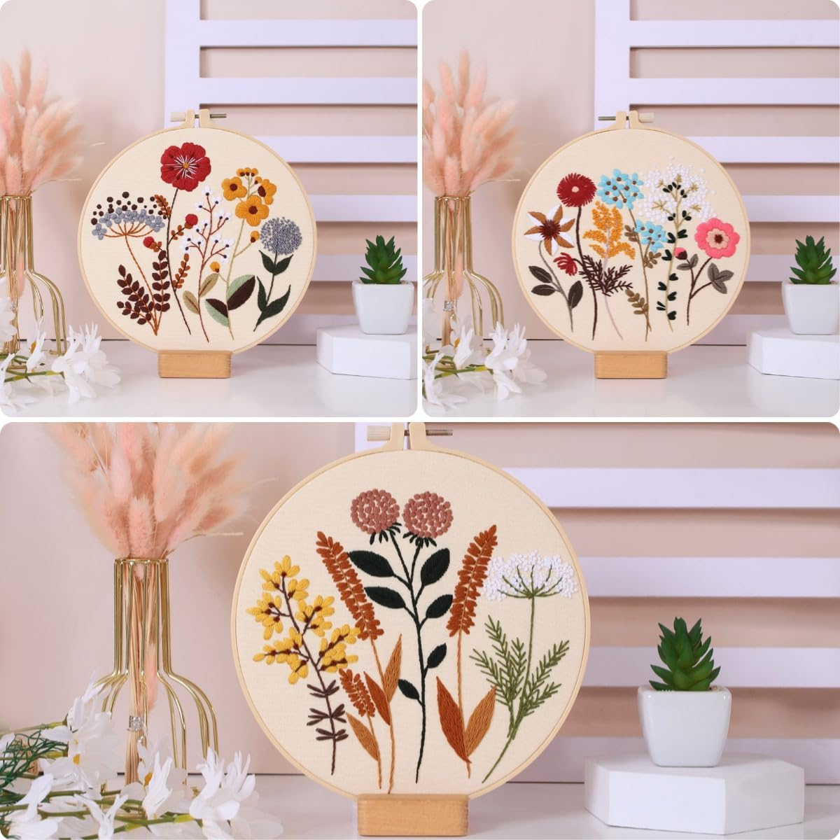 Offizon 3 PCS Embroidery Kit for Beginners - Floral Embroidery Accessories & Hoop Included, Hand Embroidery Kit for Adults Stitching Sewing Kit Gift | Flowera Patterns image number 5