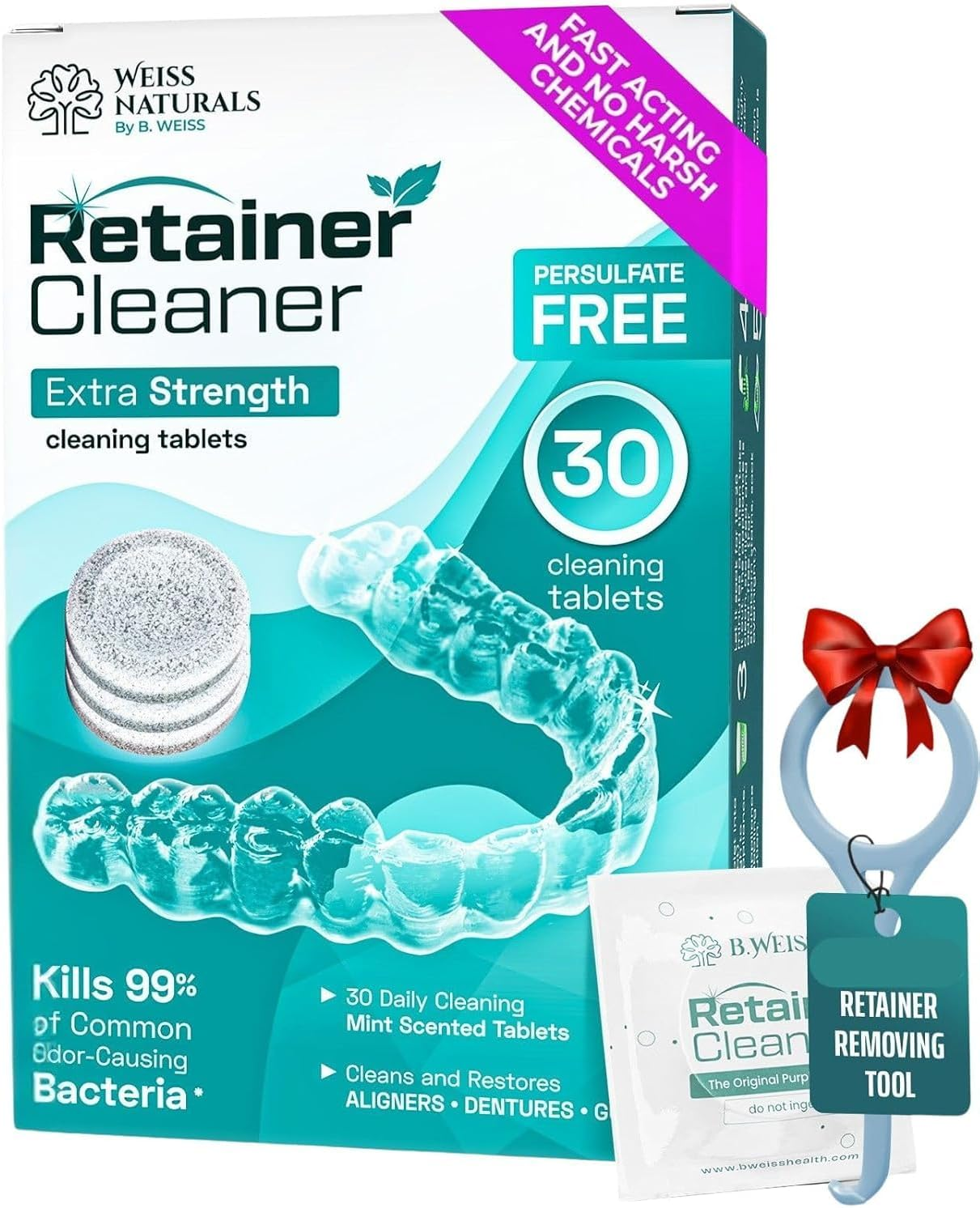 Weiss Naturals Retainer Cleaner Tablets, Invisalign Cleaner, Remove Stains, Odors & Plaque, PERSULFATE FREE Night Guard & Denture Cleaner 1-Month Supply, 30 Mint Scented Tablets image number 4