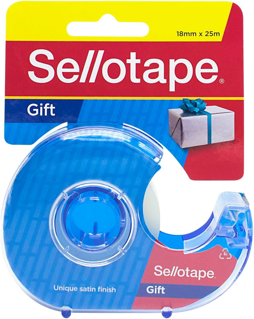 Sellotape&reg; Gift Tape with Dispenser, Semi-Matt Finish for Seamless Wrapping, Ideal for Gifts, Office & Home Use, Long-Lasting Adhesive 18Mm X 25M Roll
