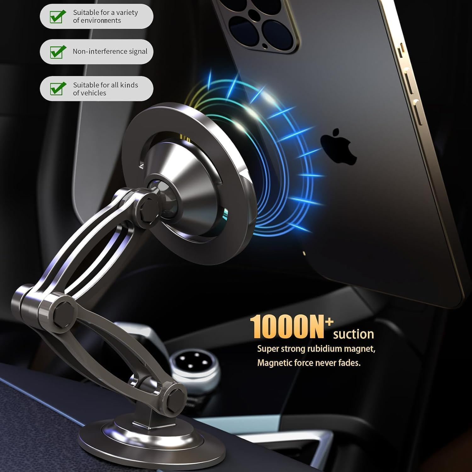 RUNGOS 1080&deg;Rotatable for Magsafe Car Mount [Strong N54 Magnet] [3 Universal Ball Robotic Arm] Indestructible Adjustable Collapsible Magnetic Car Mount Phone Holder for Dashboard Windshield Desk Etc.