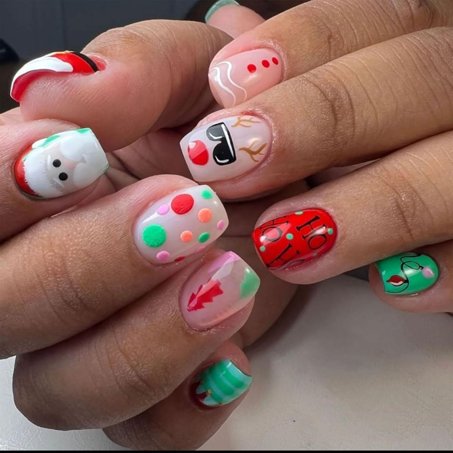 24PCS Christmas Press on Nails,Cute Short Square Xmas False Nails,Funny Fake Nails with Gingerbread Man and Snowflakes Design,Unique Glossy Manicure for Women or Girls - Fqx-Xmax-10 image number 4