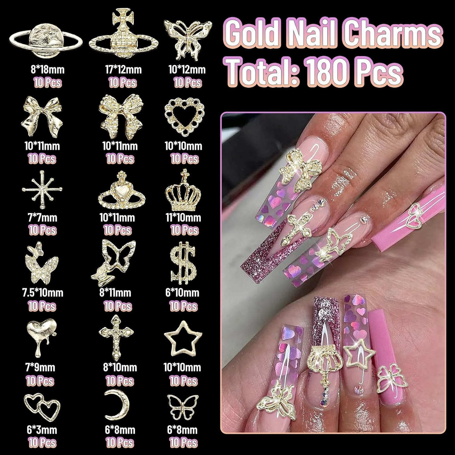 180 Pcs Gold Nail Charms and Gems, Crown Heart Bow Star Butterfly Planet Cross Alloy Nail Art Jewelry 18 Styles Metal Shiny Luxury Nail Art Decoration Y2K Fold Nail Charms for Nails Art Design image number 2