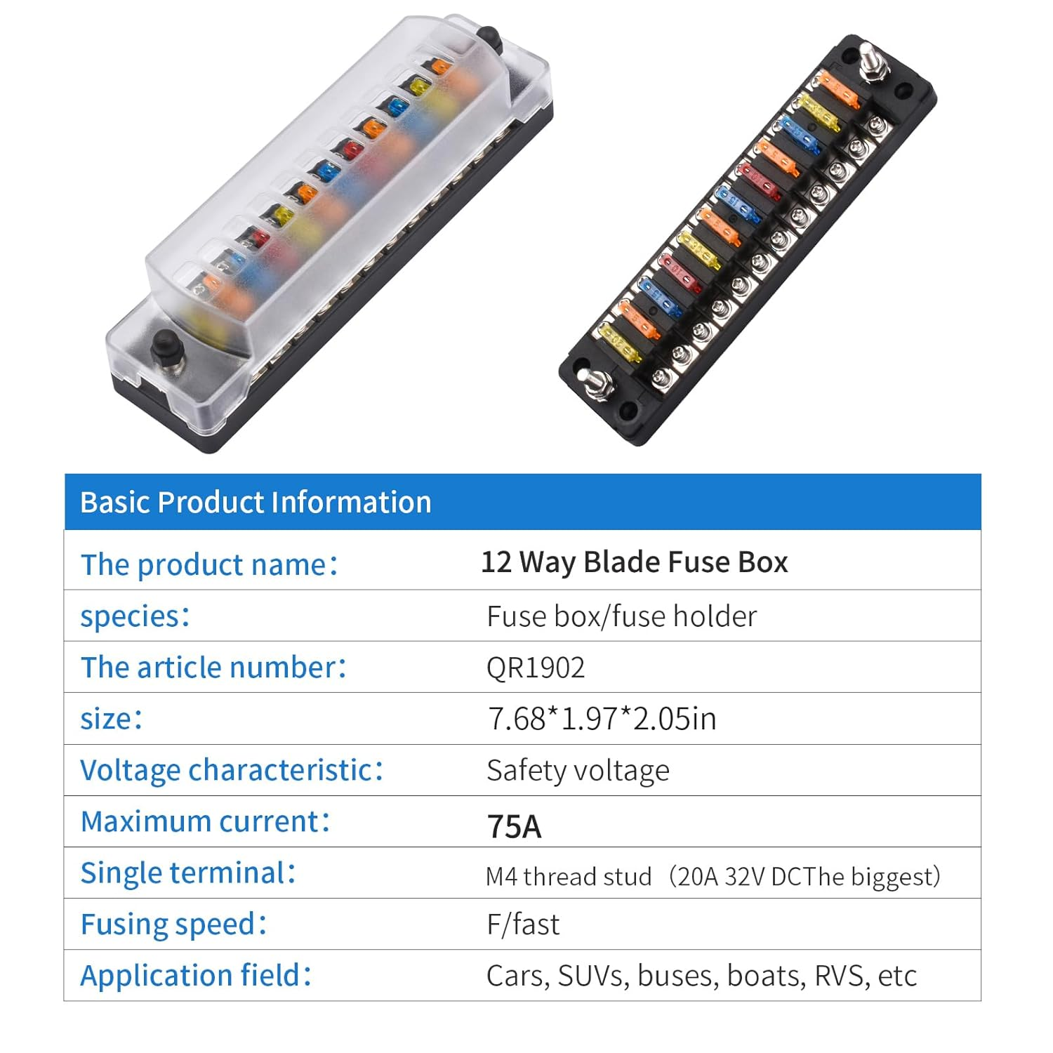 12 Way 12V Fuse Box Blade, 12Volt Fuse Block without LED Indicator Damp-Proof Cover - 12 Circuit Independent Positive Negative Fuse Box Holder for 12V/24V Auto Car Truck Boat Marine Vehicle
