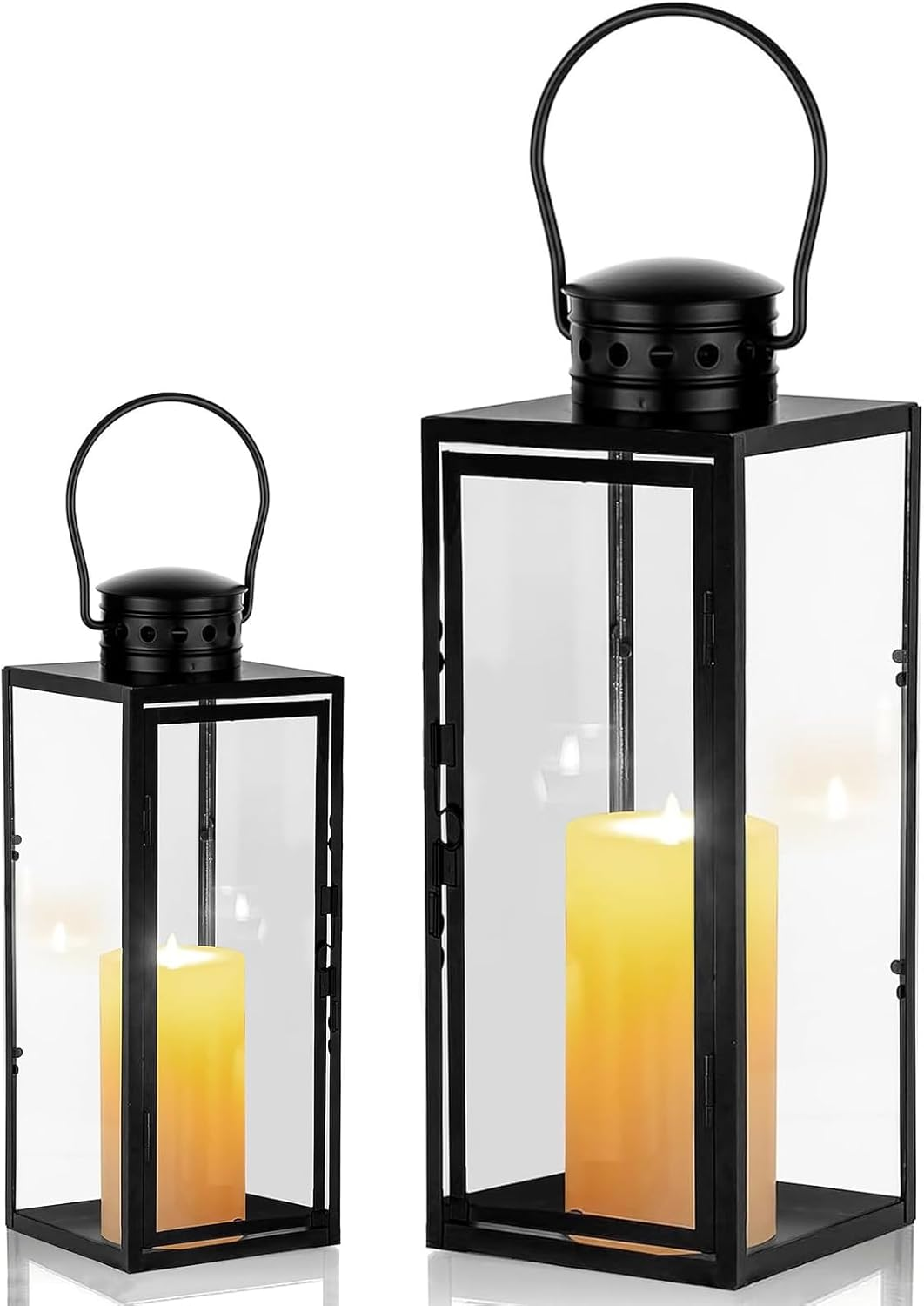 Lantern for Candles, Pack of 2, (24 + 35 Cm High) Garden Lantern, Metal Lanterns for Outdoor Use, Large Lanterns, Grave Lantern, Candle Lantern, Glass Lantern, Hanging Christmas Day Decoration, Black image number 2
