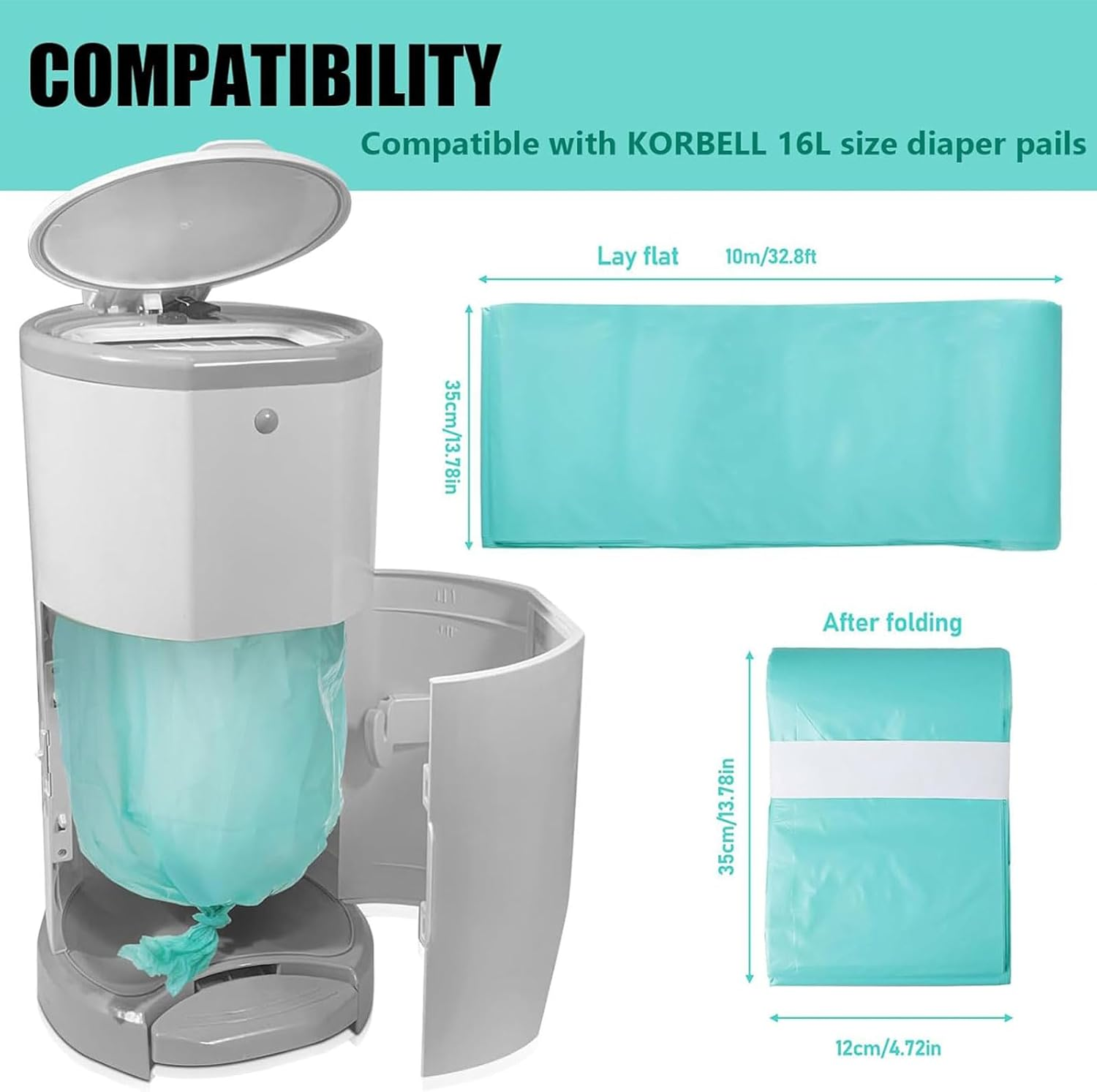 8 Pack Liner Refills Compatible with Korbell Nappy Disposal Bin Liners Compatible 16L Bin -10M/Bag Disposable Bag Refill，Lightly Scented，Odour-Proof，Holds up to 1200 Nappies image number 1