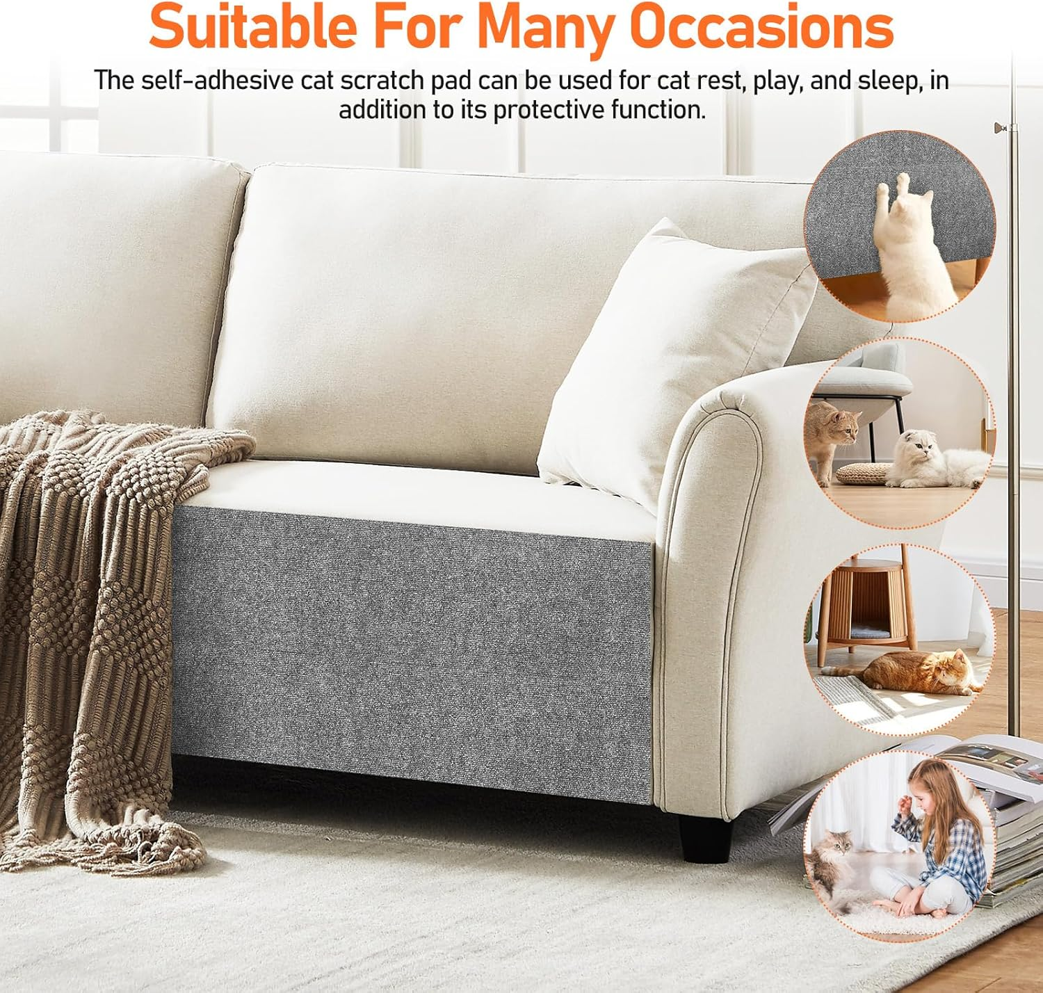 2 Pcs Cat Scratching Mats 30Cm&times;100Cm Self-Adhesive Carpet Scratch Furniture Protector, Grey Cat Wall Scratcher for Climbing and Resting image number 4