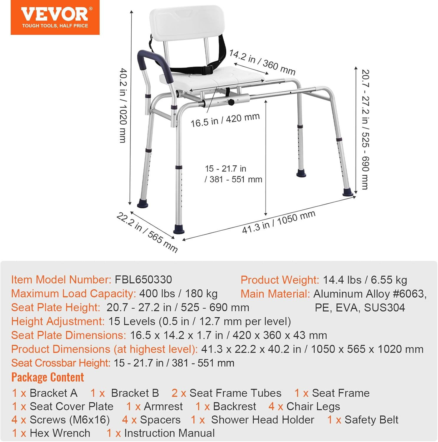 VEVOR Sliding Tub Transfer Bench, Height Adjustable Bathtub Transfer Bench with Cut-Out Seat, Reversible Backrest & Safety Belt, Non-Slip Shower Chair for Elderly Disabled Handicap, 400LBS Capacity image number 4