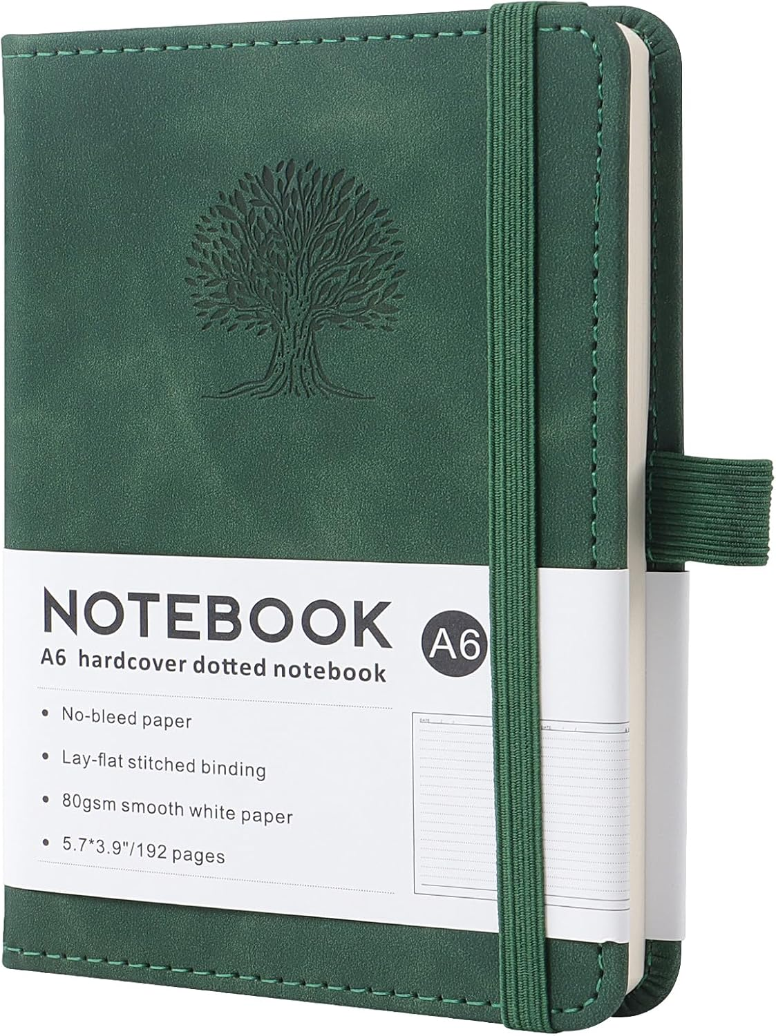 A6 Lined Hardcover Notebook, 192 Pages Journal Notebook with Elastic Band Closure and Ribbon Bookmark, Journals for Writing for Work, Business, Study(Dark Green)