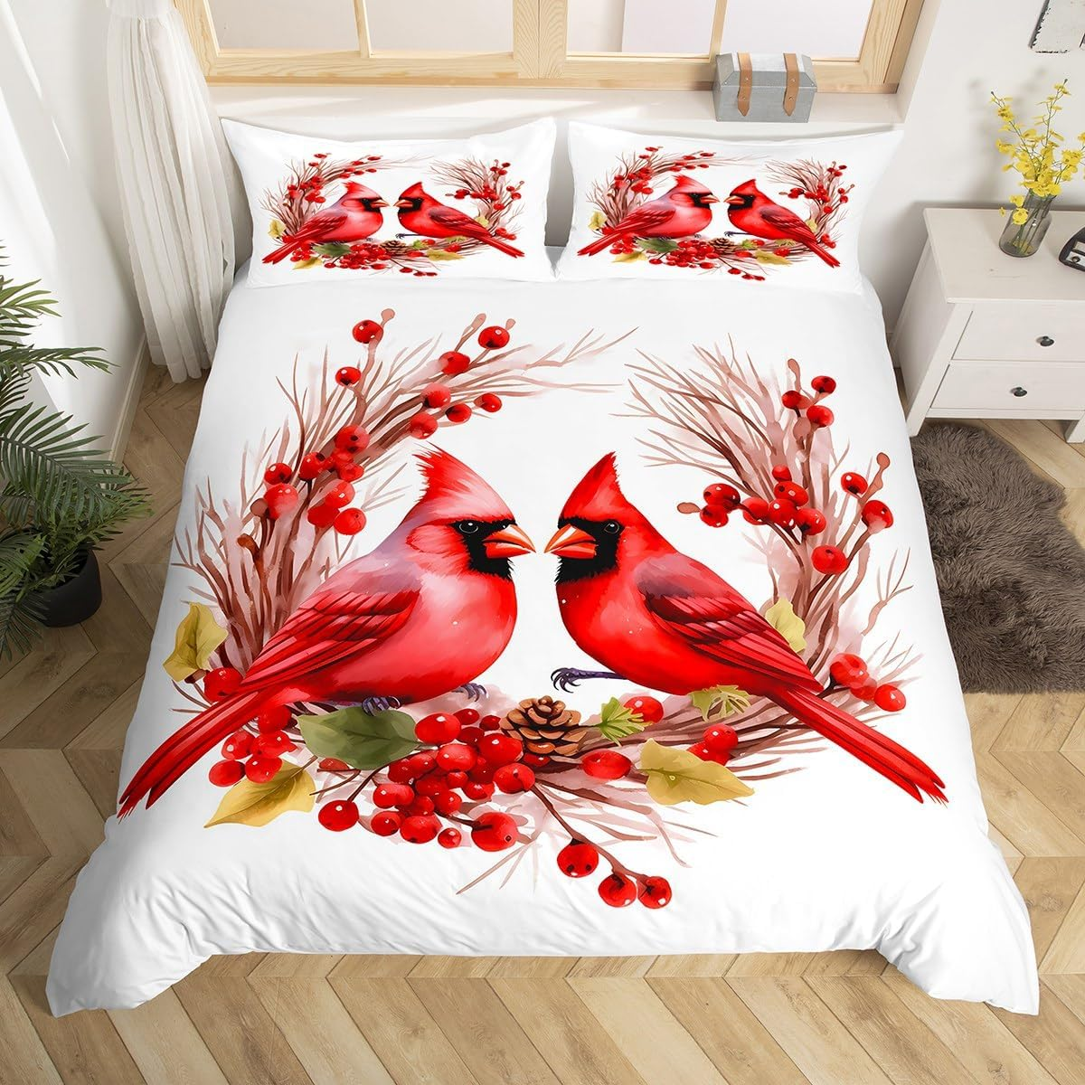 Jejeloiu Red Cardinals Bedding Set Full Size Kids Pine Cones Comforter Cover Set for Boys Girls Teens Cute Birds Duvet Cover Romantic Love Bedspread Cover Room Decorations Quilt Cover image number 2