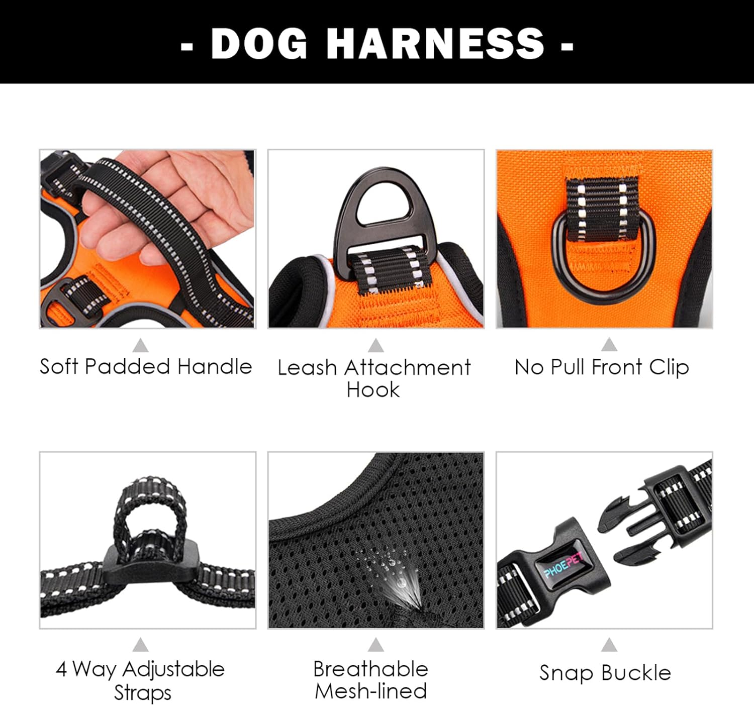 PHOEPET Reflective Dog Harness Large Breed Adjustable No Pull Vest Handle 2 Metal Rings 3 Buckles [Easy to Put on & Take Off](L, Orange) image number 5