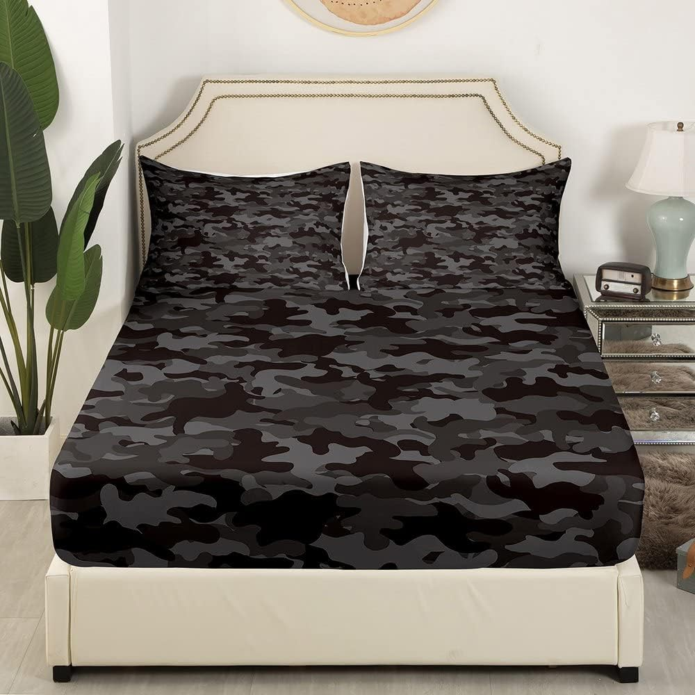 Army Camo Bedding Set, Black Camouflage Bed Sheets for Kids Boys Teens Adult Men, Military Camo Fitted Sheet Black Grey Lightweight Fitted Bed Sheets, 1 Fitted Sheet + 2 Pillow Cases, Full Size&hellip; image number 2