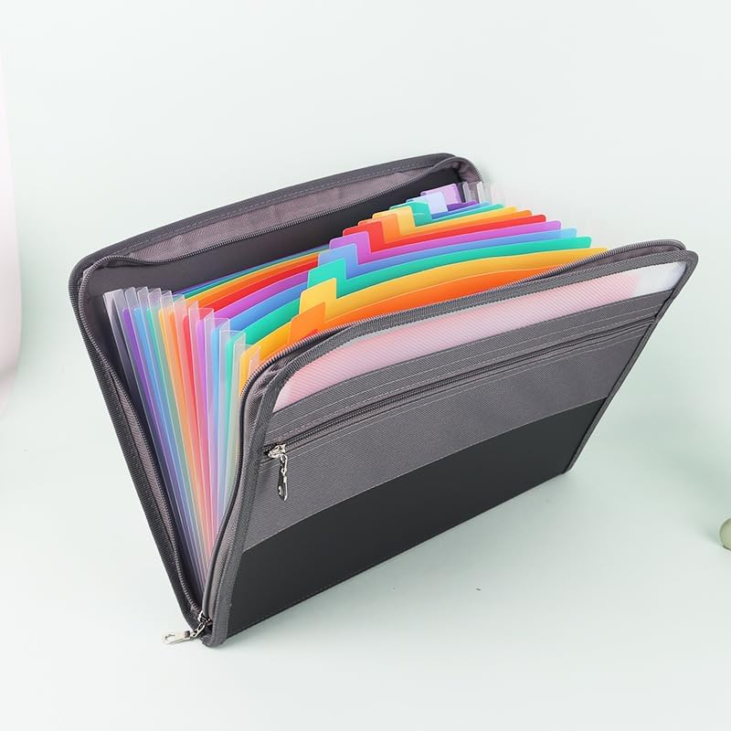 Expanding File Folder with Zipper &ndash; 13 Pockets Document Organizer, Portable Accordion Document Wallet for Home/Office/School, Includes 24 Multicolor Labels (Black) (A6-Size)