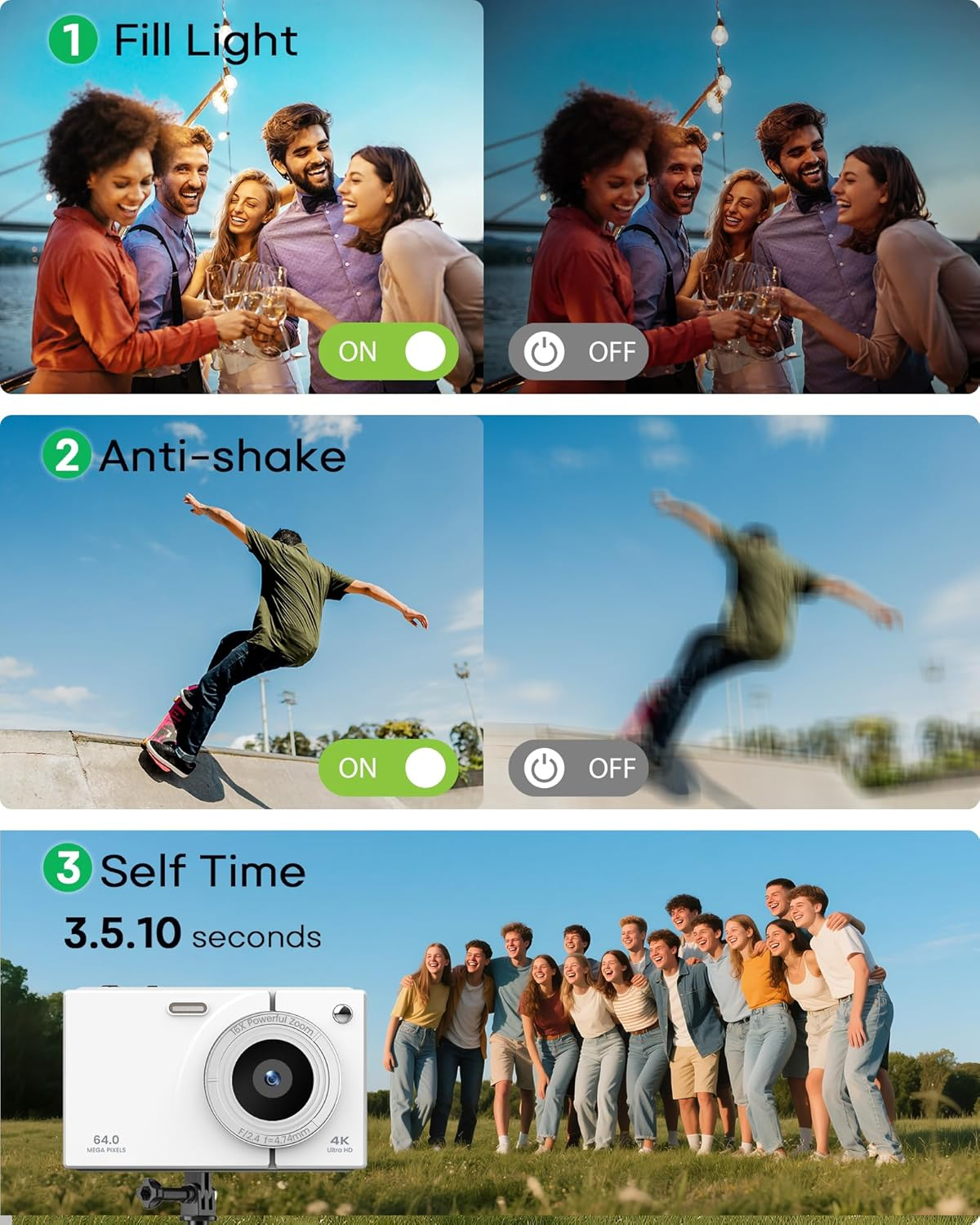 Digital Camera 4K with 64MP & 16X Optical Zoom - Autofocus Vlogging Camera with Anti-Shake, 64GB SD Card Included | Compact Travel Camera for Youtube Beginners, Teens & Adults (White)