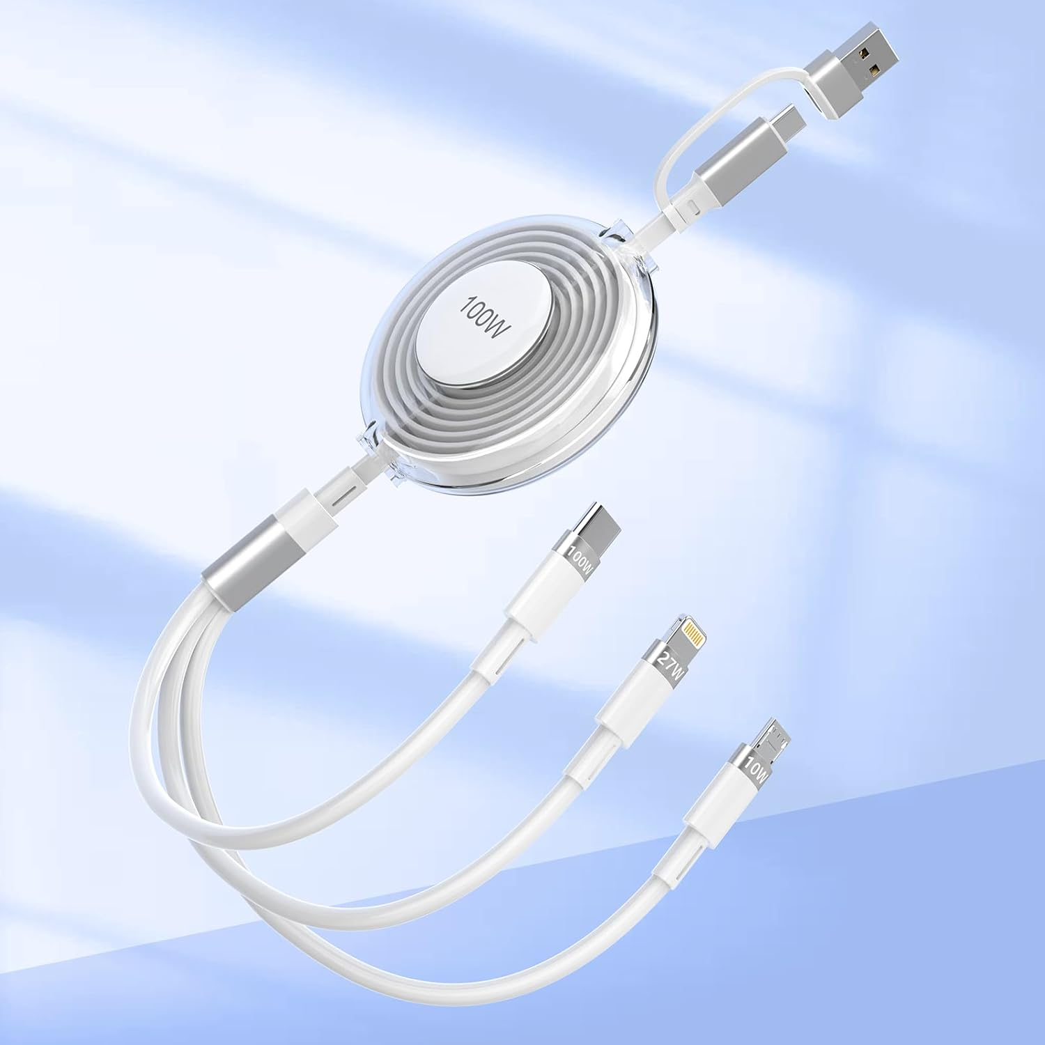 100W USB C to Multi Charging Cable, Iphone 15 Retractable Car Charger with Type C 100W+IP 27W+Micro USB 10W Multi Phone Charger for Iphone 15 14 13 12/Samsung S24 S23/Ipad/Macbook/Tablet 4FT White image number 4