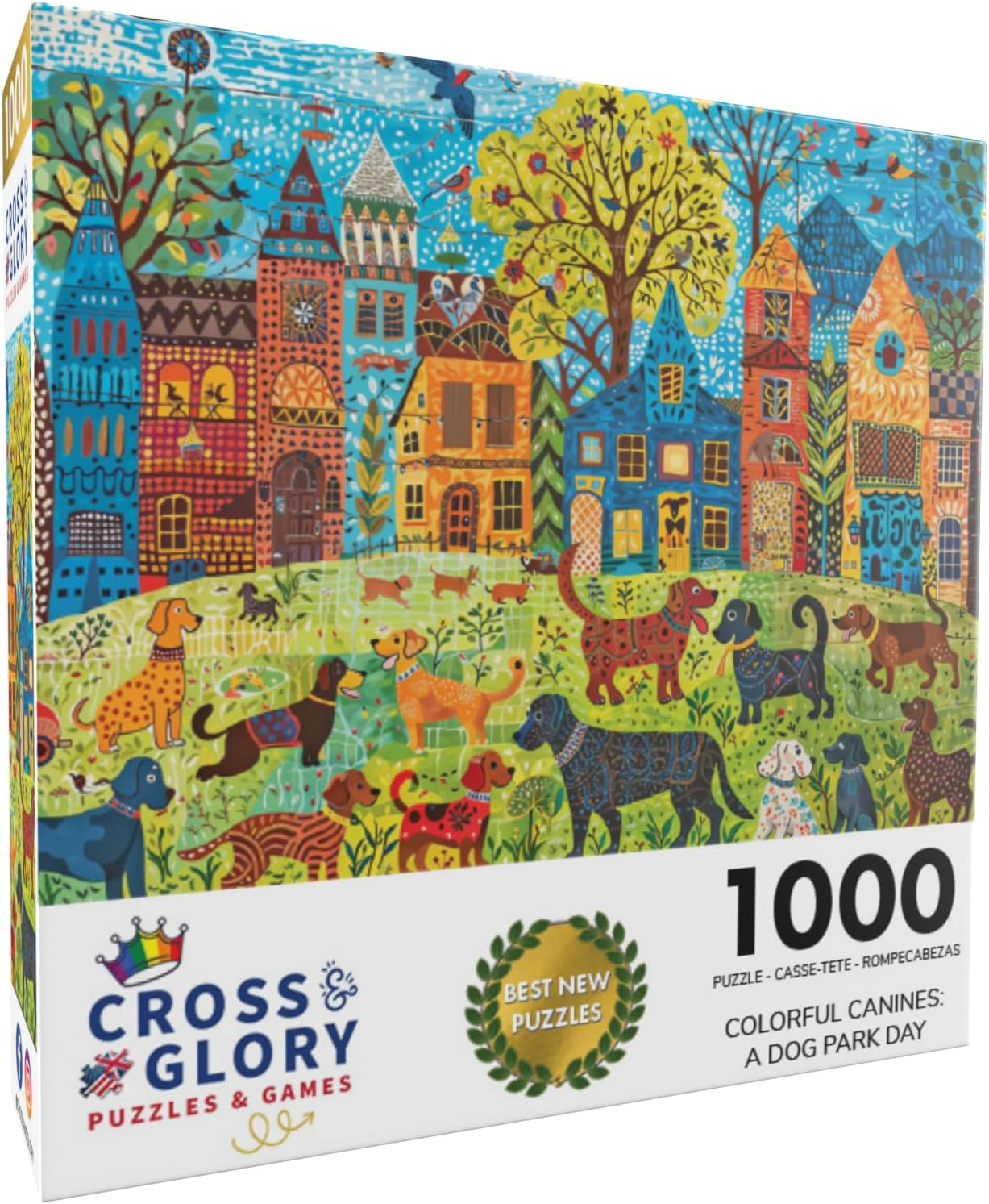 Cross & Glory &ndash; Colourful Canines: a Dog Park Day &ndash; 1000-Piece Folk Art Style Jigsaw Puzzle for Adults | Vibrant City Scene with Playful Pups | Perfect for Dog Lovers
