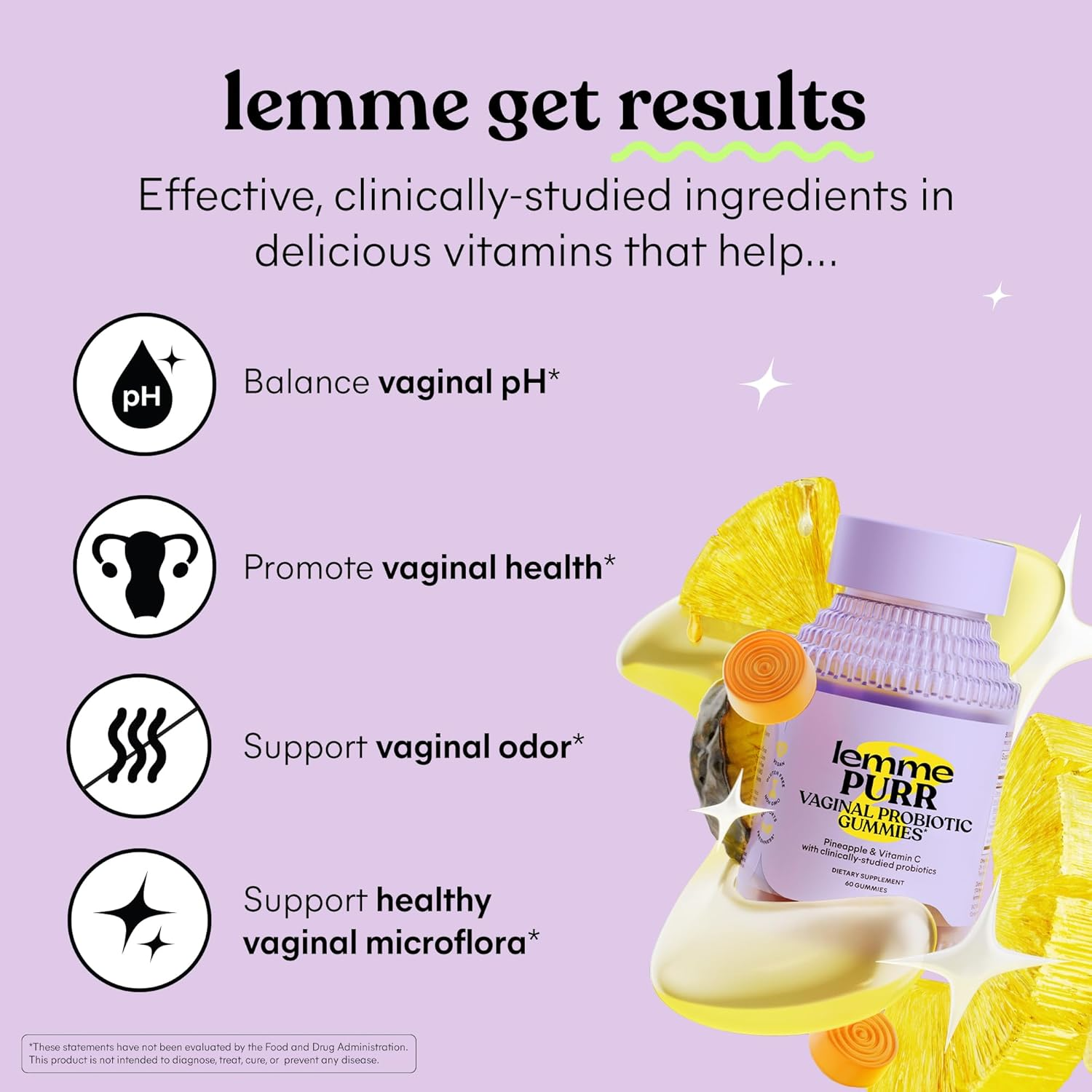 Lemme Purr Vaginal Health Probiotic Gummies - Supports Ph, Freshness with Clinically Tested Probiotics + Vitamin C for Immunity Vegan, Gluten-Free, Non-Gmo, Tasty Pineapple (60 Count), 0.15 Kilo