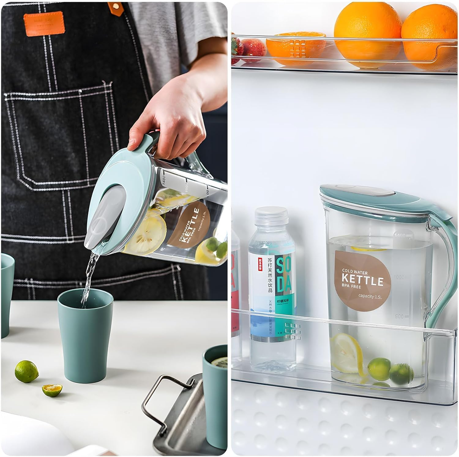 Water Jug Set &ndash; 2.1L/70Oz Bpa-Free Fridge Pitcher Set with 4 Cups & Cleaning Brush | Slim Space-Saving Jug for Juice, Cold Drinks, Tea & Milk image number 6