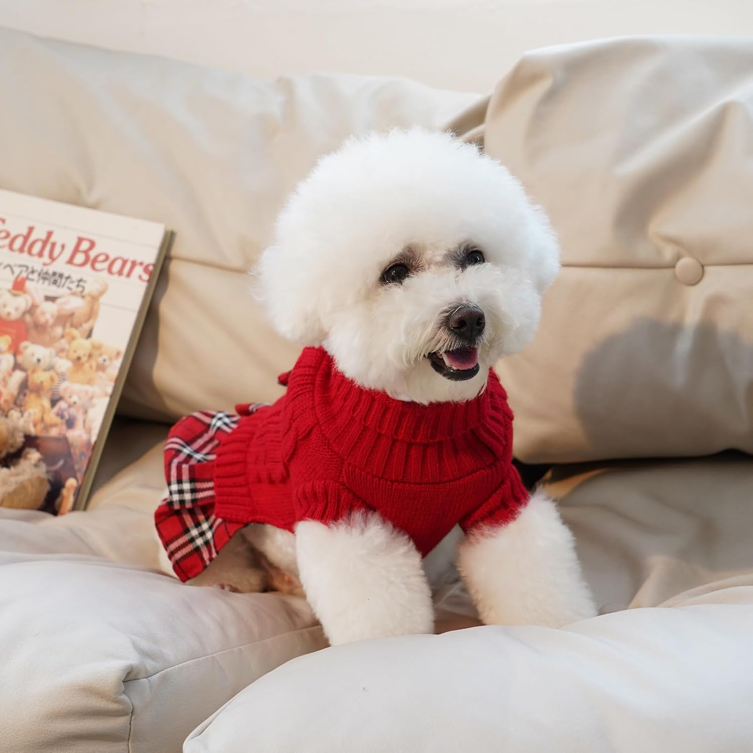 Slowton Dog Turtleneck Sweater Dress with Bowtie - Dog Warm Pullover Sweater with Leash Hole, Stretchy Knitted Winter Clothes for Small Medium Dogs Puppies image number 6