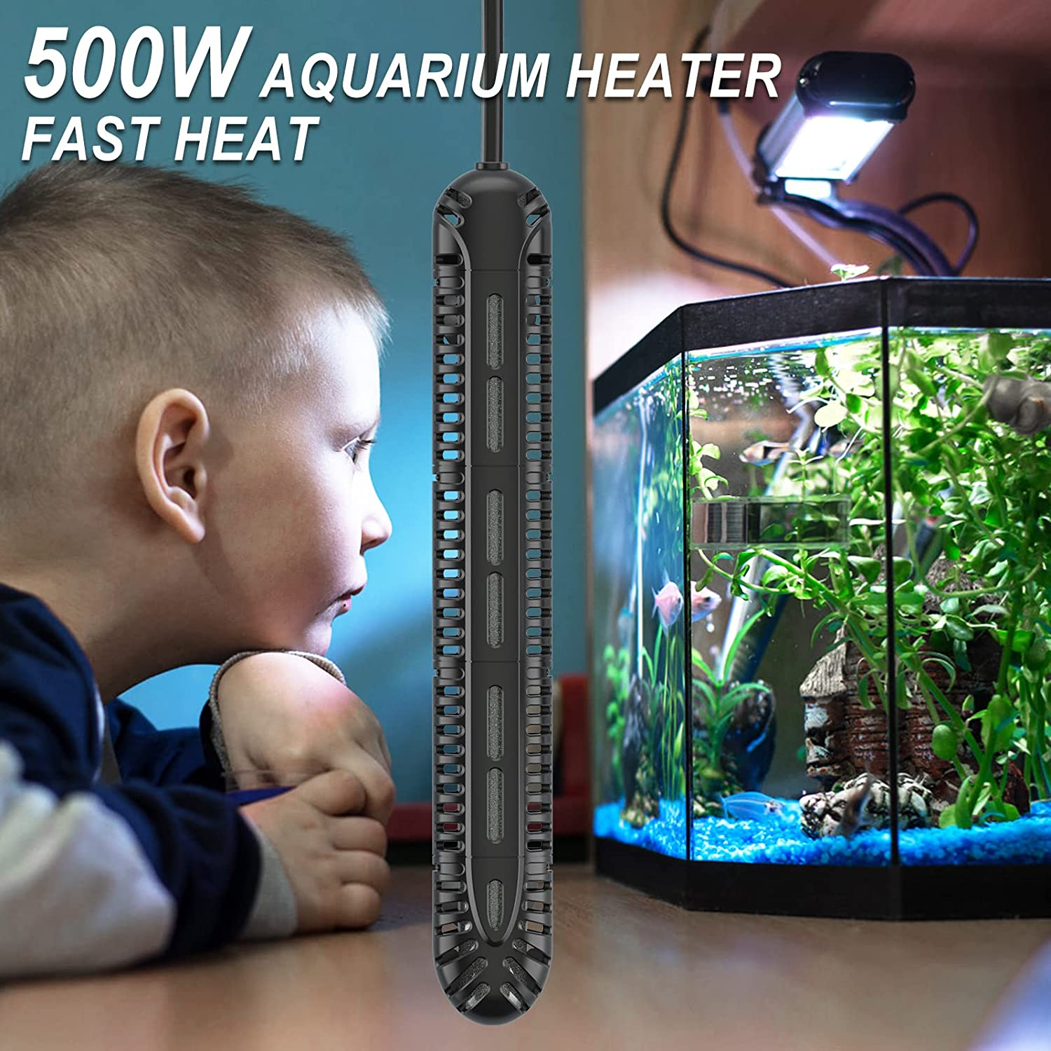 Hitauing Aquarium Heater,500W Fish Tank Heater with LED Digital Display & 5 Safety Protection,Submersible Aquarium Heater with 2 Suction Cup and 8.2Ft Cord for 75-120 Gallon Fish Tank.,(Hz-803-500W) image number 4