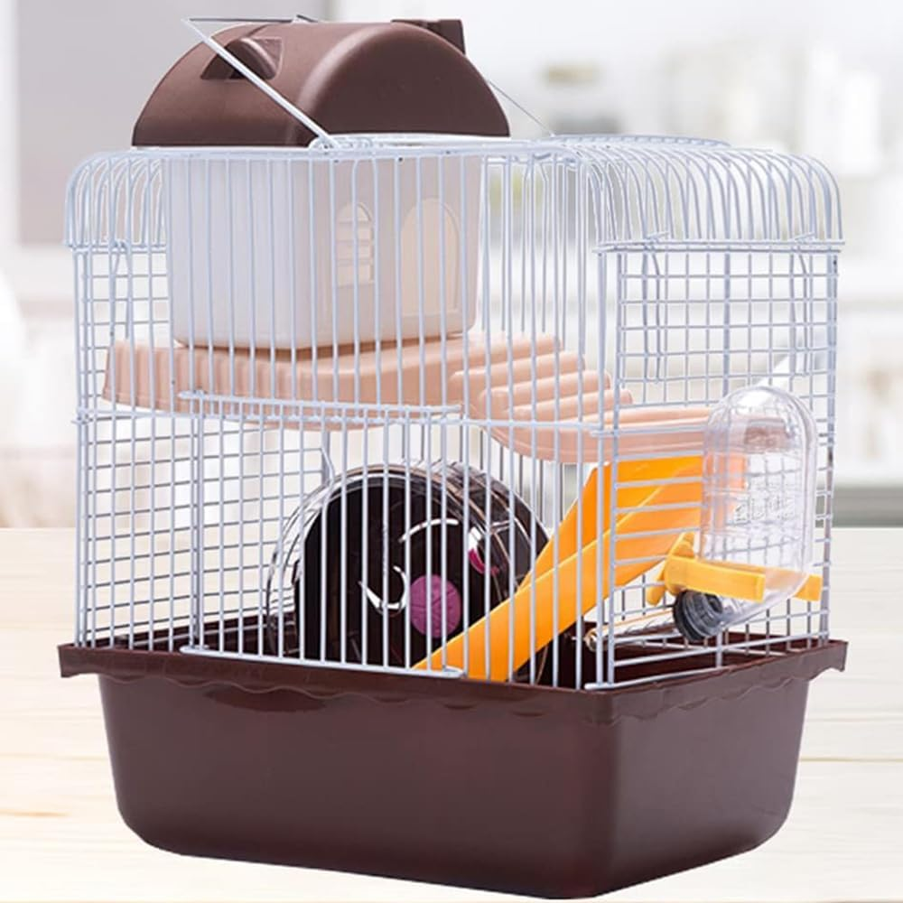 TOMVAES Hamster Cage, 2 Floors, Portable Travel Cage, Large Hamster Hutch, Castle Style, Interactive House, for Hamsters, Golden Polar Bear, Coffee and White, 23X17X30 Cm, PP, Wire image number 1