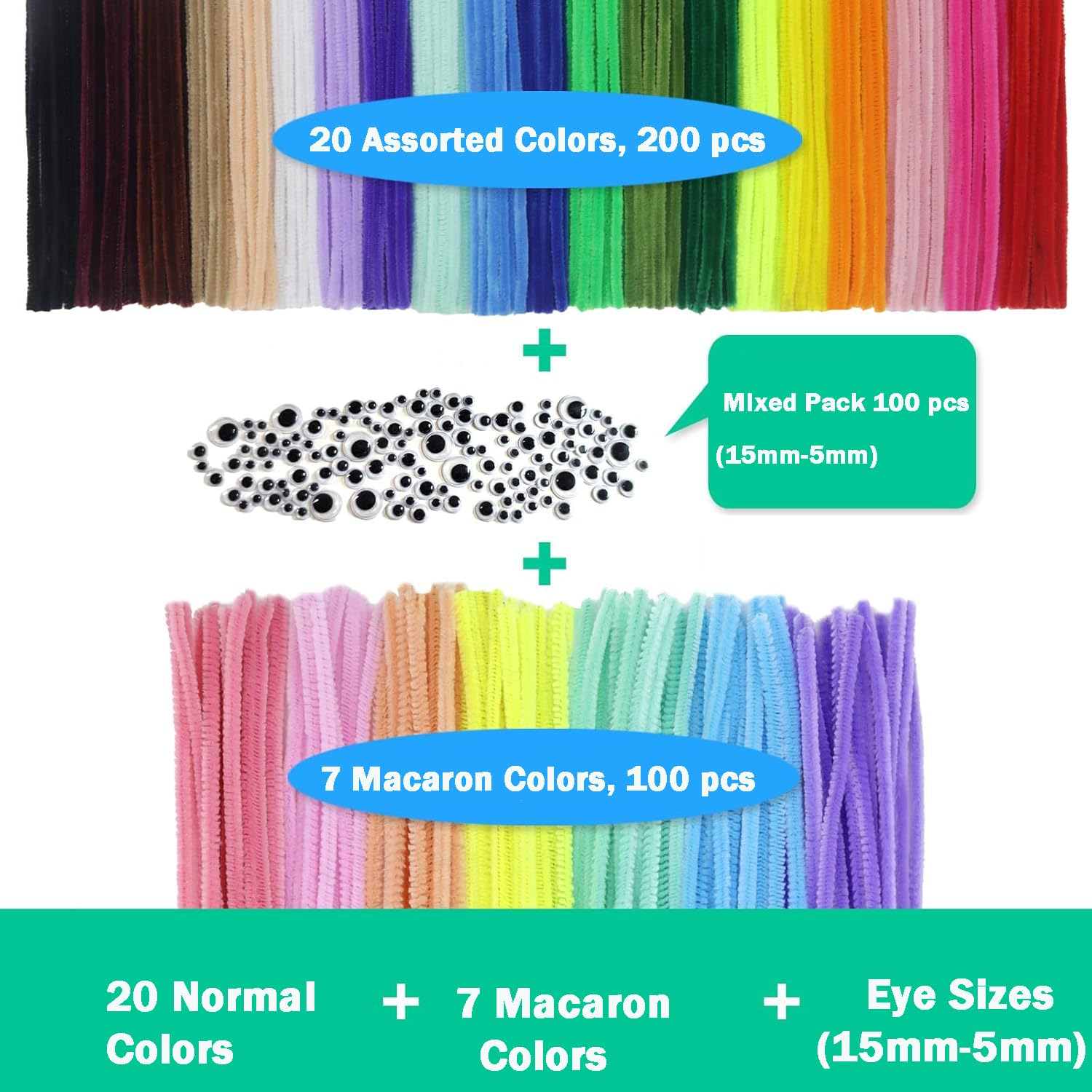 300Pcs Pipe Cleaners, 27Colors Chenille Stems, Pipecleaner for Crafts, 100 Wiggle Eyes Self-Adhesive, Pipe Cleaner Crafts, Art and Craft