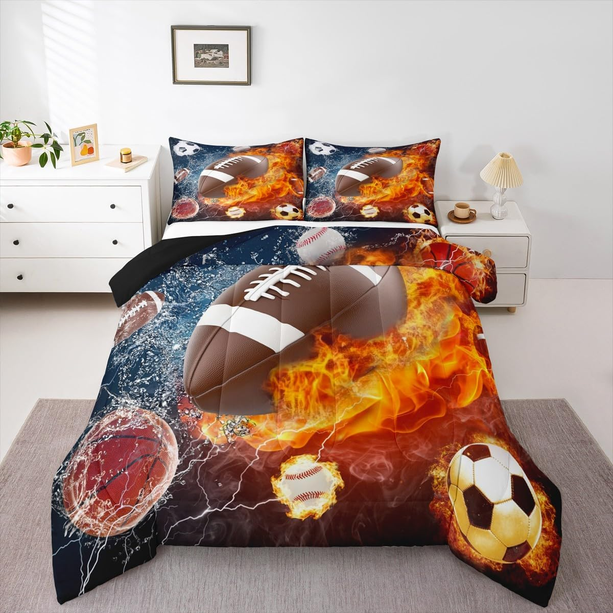 Erosebridal Football Comforter Set Queen Rugby Sports Bedding for Teen Boys Kids,Soccer Basketball Baseball Red Blue Water Fire Lightning Quilt Duvet Insert Bedroom Decor 2 Pillow Cases Cmhs457