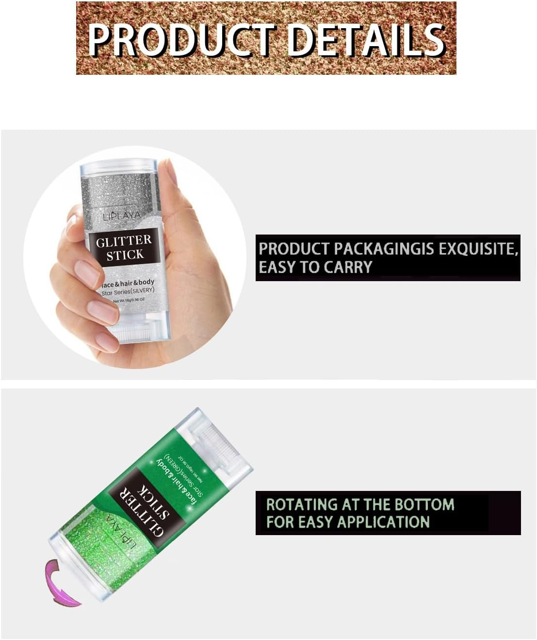 Enmart 2 Colors Body Glitter Stick, Sequins Glitter Gel Cream Face Paint, Nails Shimmer Cosmetic Long Lasting Diamond Liquid Sparkling Music Festival Art Rave Makeup for Body Face Eye Hair Lip, 16G - C001 image number 4