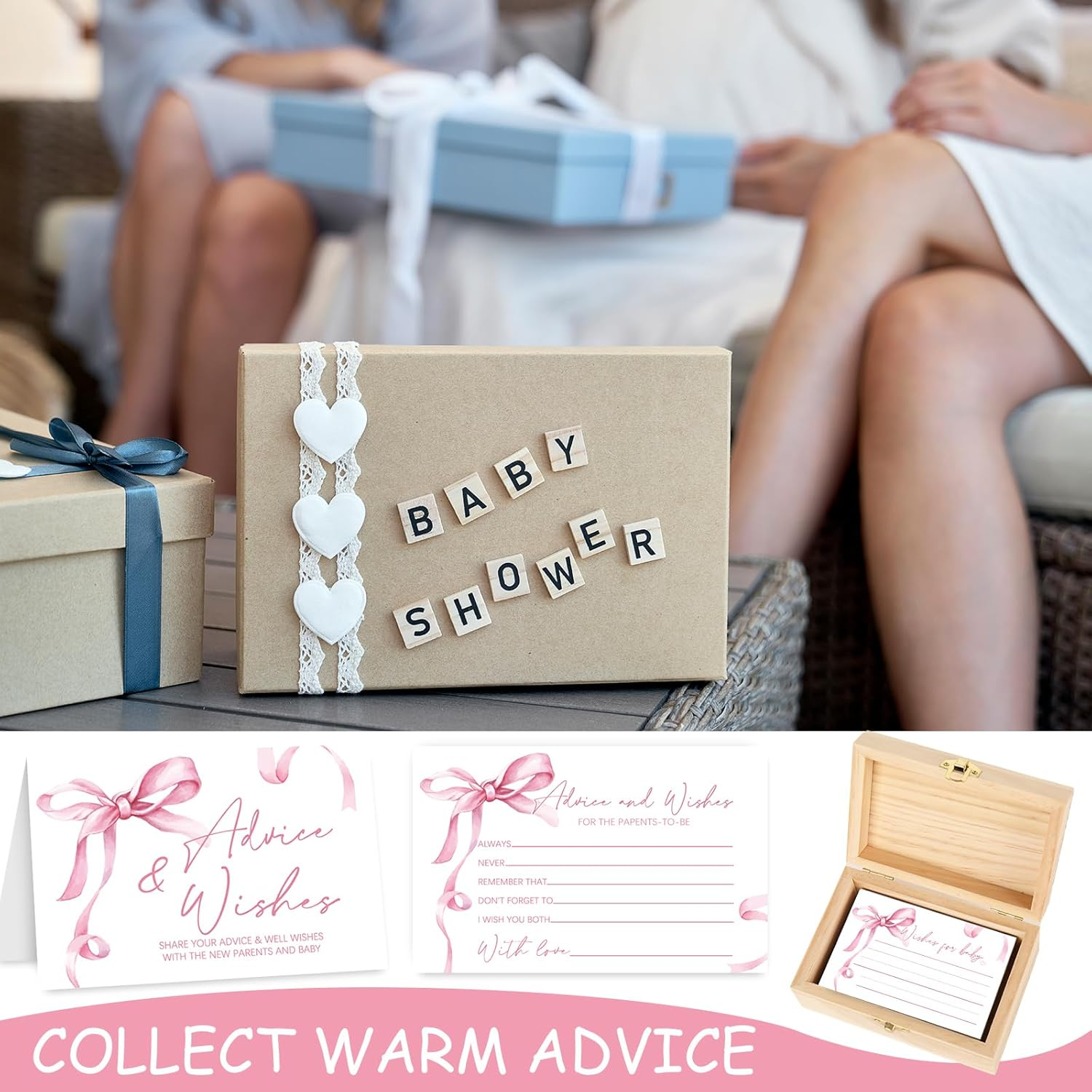 50Pcs Baby Shower Advice Cards Double-Sided Pink Bow Advice and Wish Cards with Wood Box for New Parents Baby Shower Gender Reveal Supplies image number 1