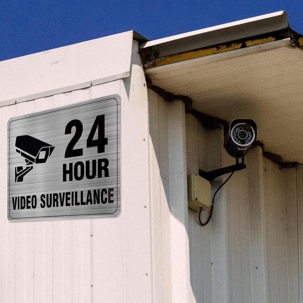 2 Pack 24 Hour Video Surveillance Sign Aluminum, Waterproof Metal Door Wall Sign for for Doors, Walls, Windows Indoor Outdoor (2#) image number 1