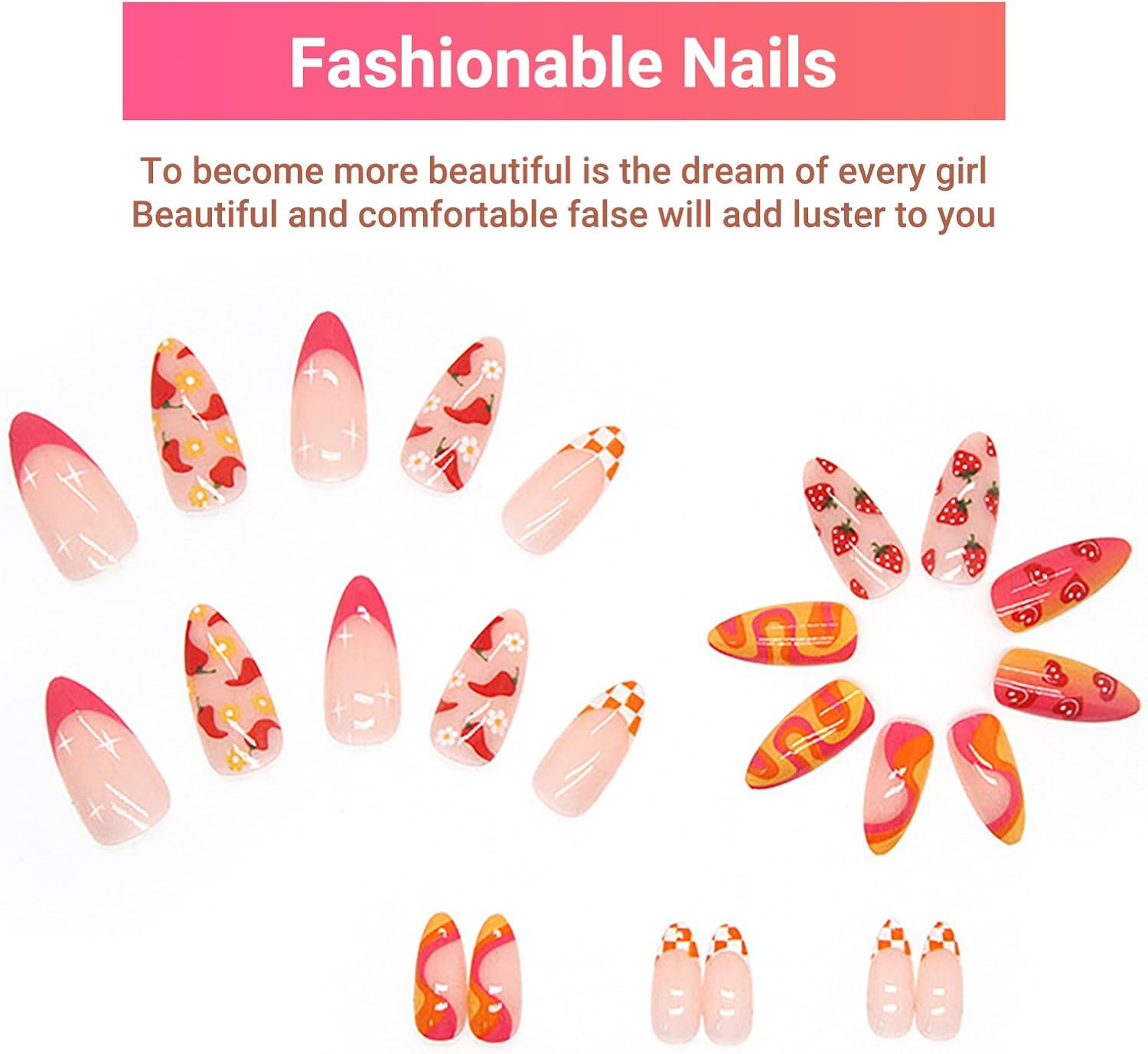 24-Set Press on Nails Almond Medium French Tip Acrylic Fake Nails with Fruit Colorful Swirl Patterns Designs Full Cover Reusable Almond False Nails Set, Nails Stick for Women image number 3