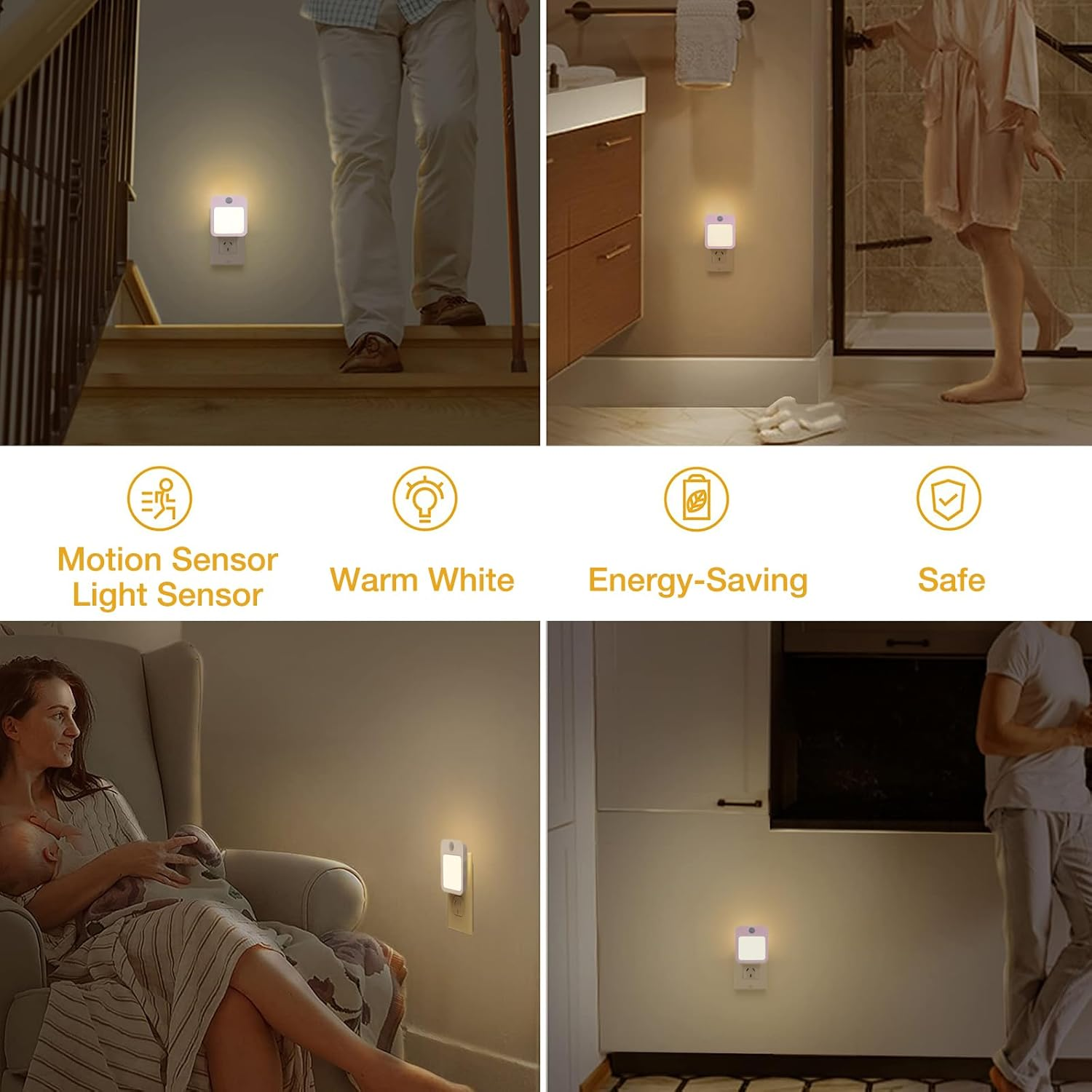 Dimmable Night Light Plug-In, Motion Sensor Plug in to Wall Night Light 3000K 2 Pack with on off Auto Switch Adjustable Brightness for Hallway Bedroom Kids Room image number 1