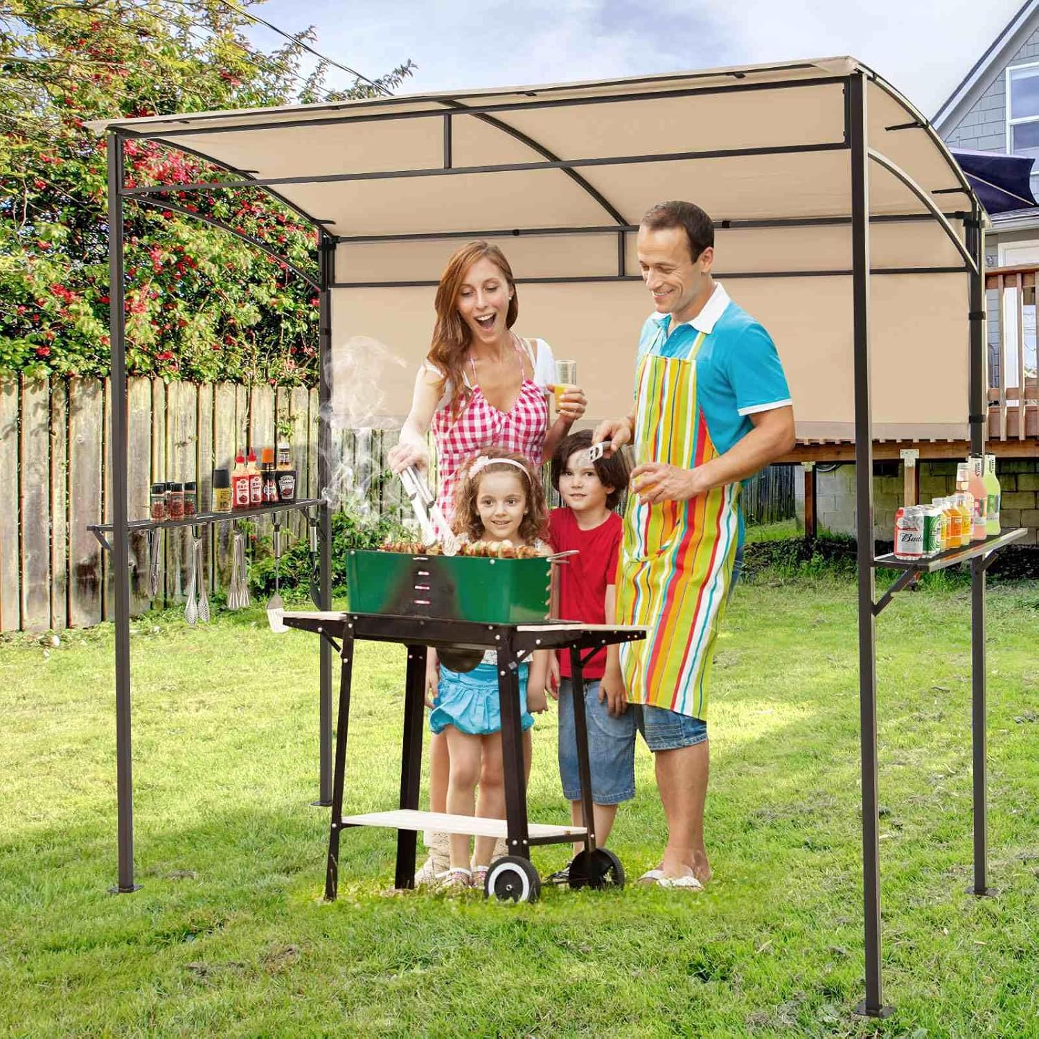 Costway 238 X 134 Cm Grill Gazebo, Outdoor Patio BBQ Canopy W/Steel Shelves, Hooks, Bottle Openers, Extra Shadow, Soft Top Barbecue Picnic Tent Shelter for Backyard Deck Garden Lawn, Sun-Protective
