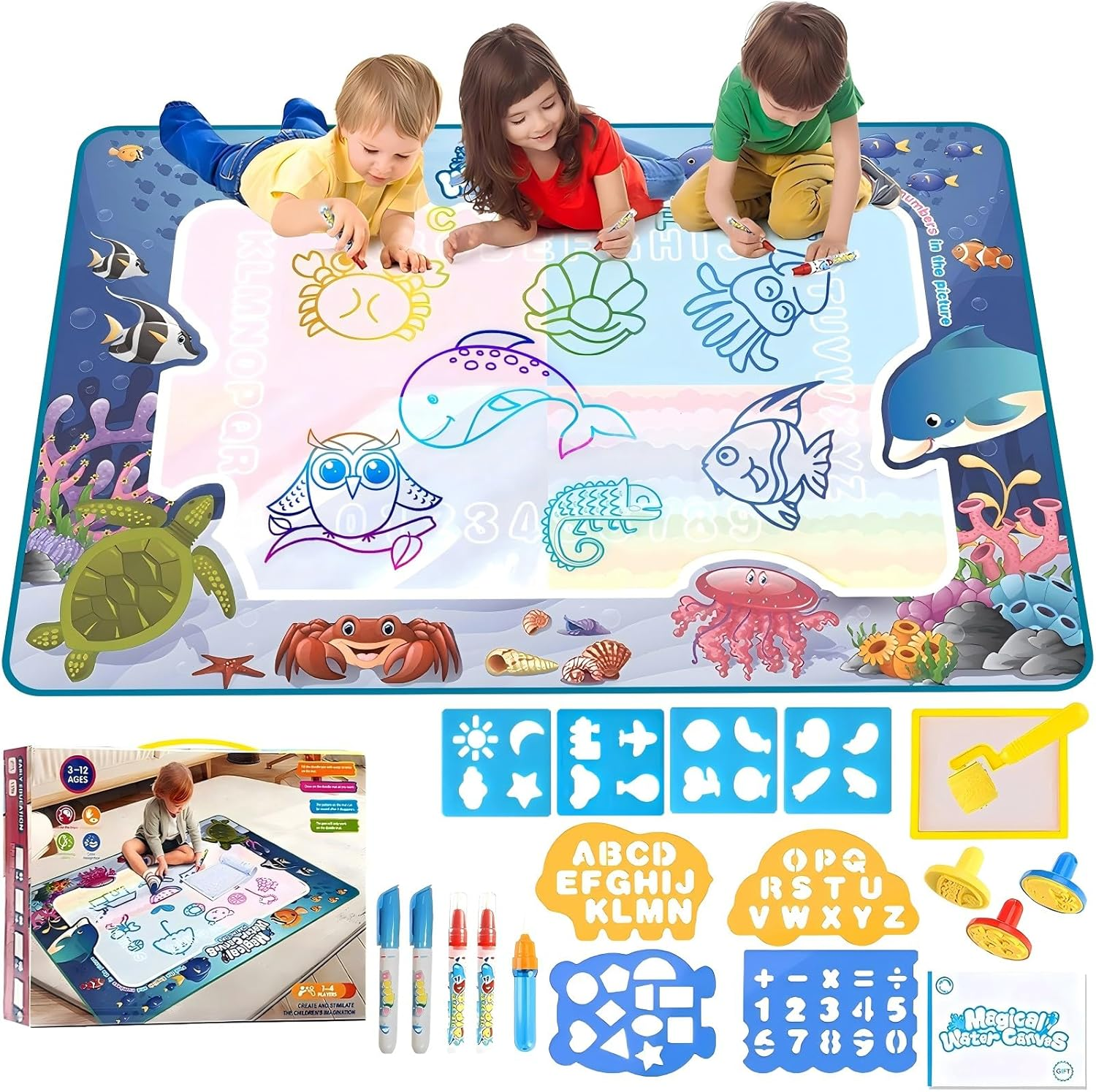 Water Doodle Mat 40 X 32 Inch Painting Doodle Kids Toys, Water Drawing Mat Fruit Alphabet, Large Magic Drawing Doodling Mat Educational Toys for 2 3 4 5 6 7 Toddler Boys Girls Christmas Birthday Gifts