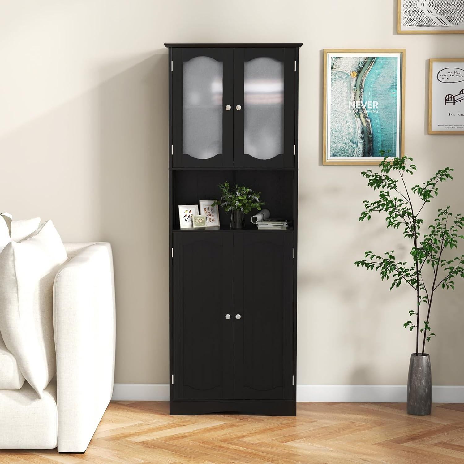 Giantex 164 Cm Tall Bathroom Storage Cabinet, Freestanding Linen Cabinet with Frost Glass Doors and Shelves, Kitchen Pantry Cabinet or Living Room Dining Room Office (Black) - Black image number 5
