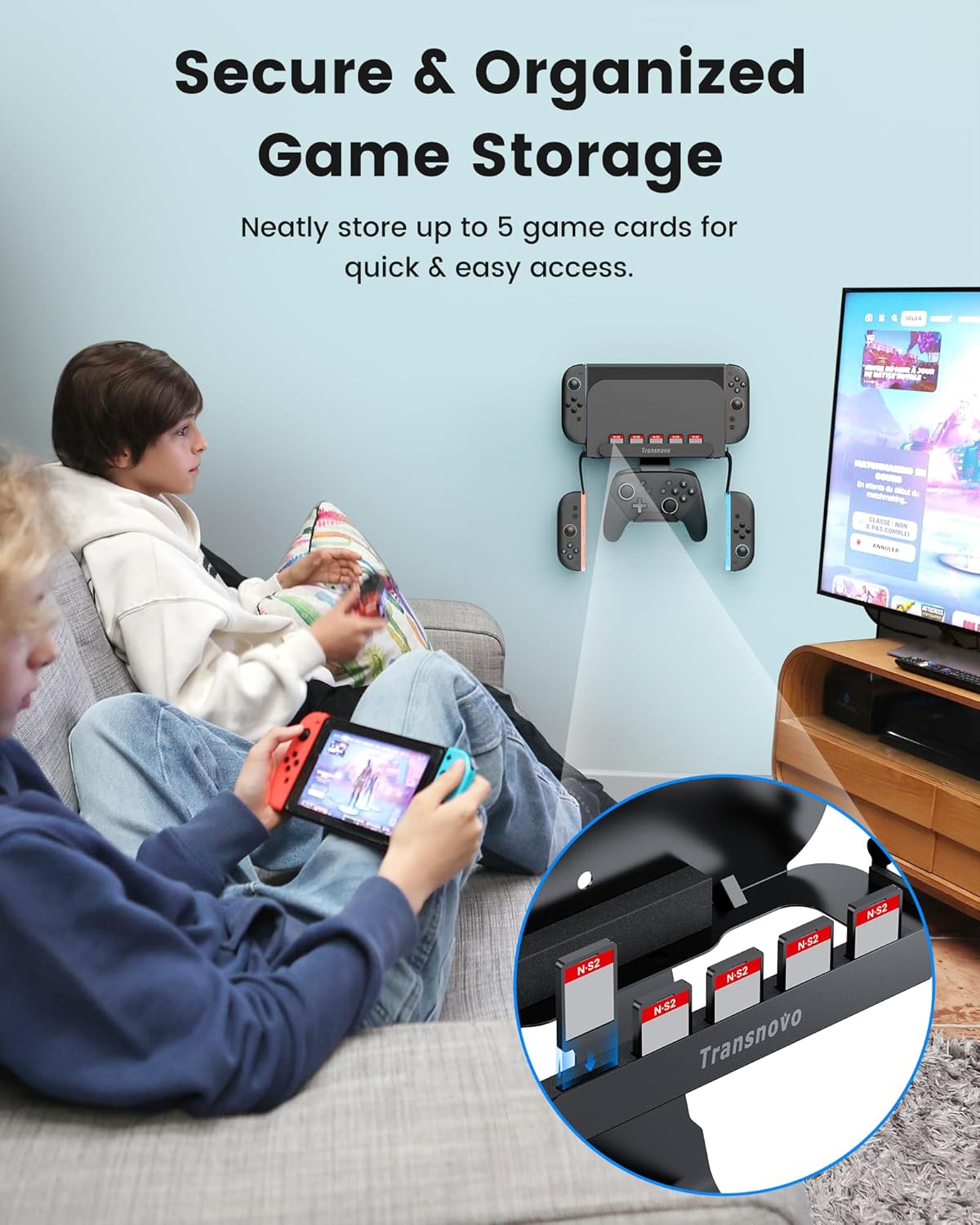 TRANSNOVO Wall Mount Dock Holder Compatible with Switch 2/Oled/Switch, Space-Saving Console Storage Near/Behind TV, Metal Bracket with Hook for Hanging Joycons/Pro Controller and 5 Game Card Slots image number 3