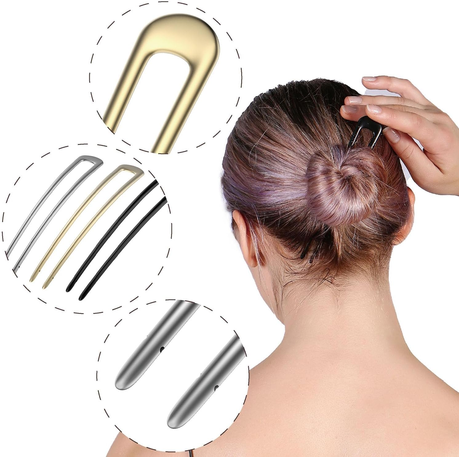 French Hair Pins for Women Girls, Metal U-Shaped Pins for Buns, French Twist Hair Pin, Hair Sticks, Hair Fork 14Cm/10Cm 5 Pcs (Gold/Silver/Black) image number 1
