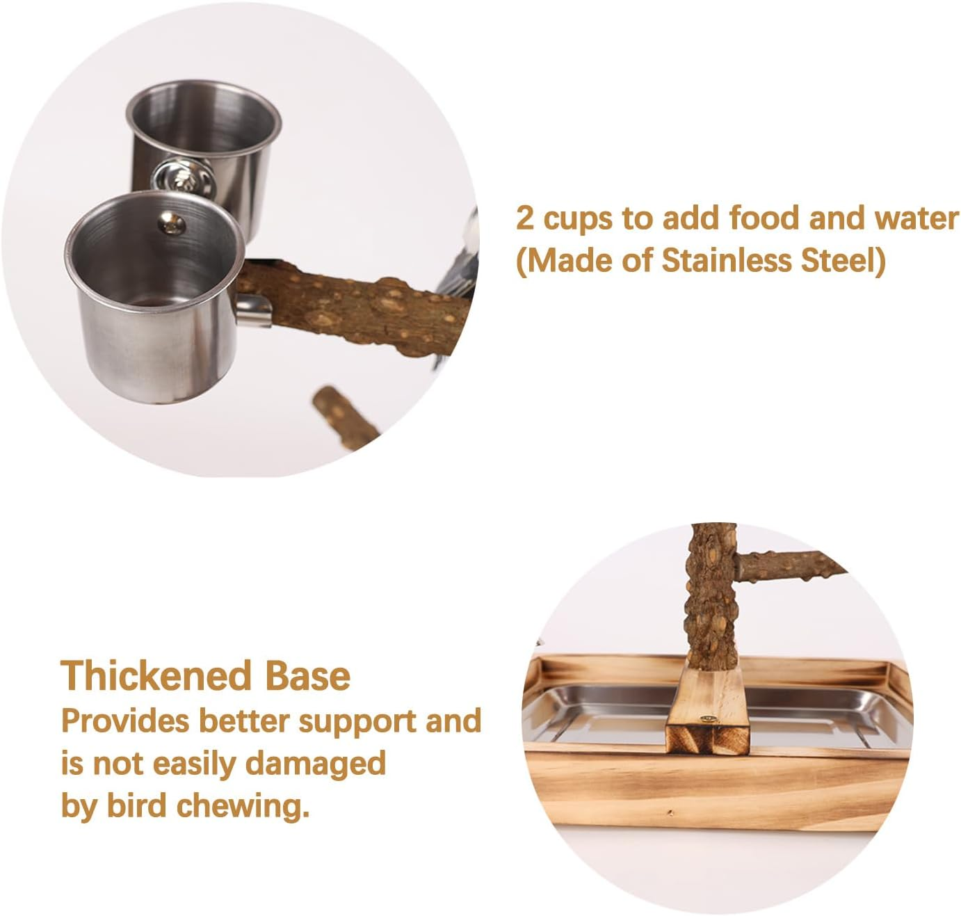 Cozioz Natural Wooden Bird Playground with Removable Tray, 2 Stainless Steel Cups - Ideal Bird Cage Accessories and Perches for Fun and Feeding image number 3