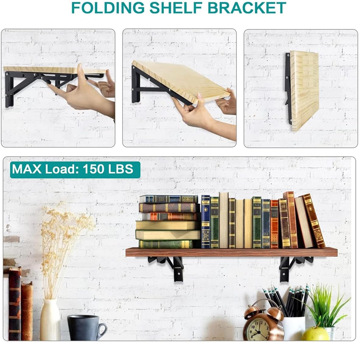 2 PCS Folding Shelf Bracket Heavy Duty, 10'' Stainless Steel Collapsible Wall Mounted Space Saving DIY Bracket for Table, Work Bench, Max Load: 150 Lb (Include Screws) image number 5