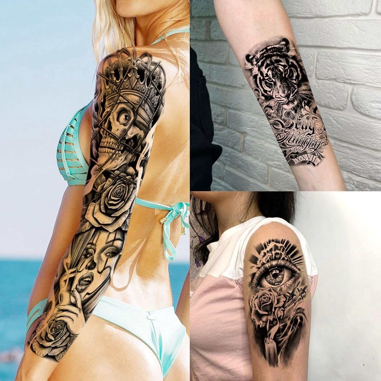 20 Sheets Black Wolf Tiger Lion Full Arm Temporary Tattoos Men Women Adhesive Tattoos Adults Ship Zeus God Rose Flower Half Sleeve Adhesive Tattoos for Sticking, Waterproof Fake Tattoo Stickers image number 4