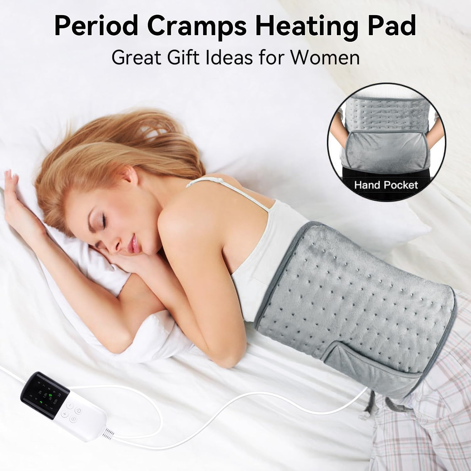 Heating Pad for Back Pain Relief Period Cramp, Koreal 30Cm X 60Cm Heated Pad with 60Cm Waist Belt, 10 Heat Levels 4 Time Setting Auto Shut Off, Electric Heating Pad for Shoulders Pain Relief, Grey image number 4