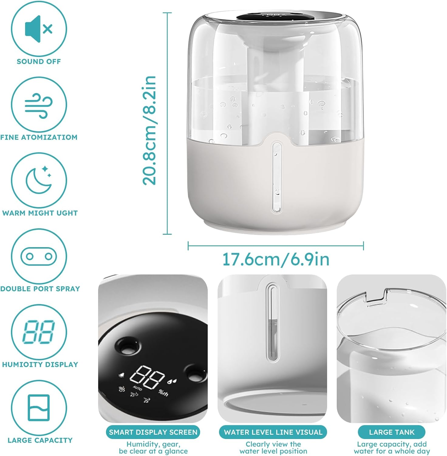 Humidifier 6.8L Air Humidifier for Bedroom Baby Room Cool Mist Small Humidifier with 360&deg; Dual Nozzles, Top Fill, Quiet Sleep Mode, Auto Shut Off, Humidifier & Oil Diffuser & Night Light