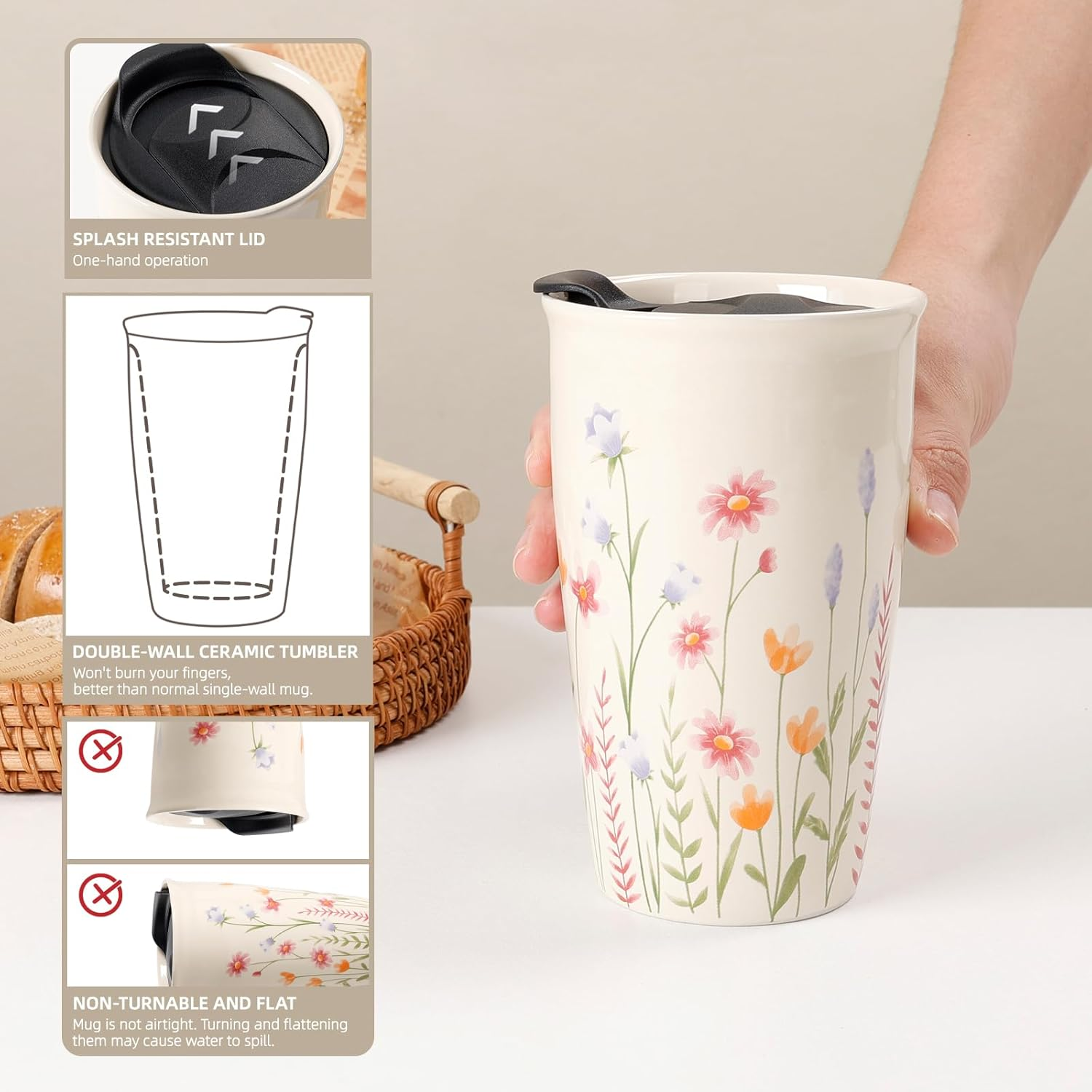 Umlaca Ceramic Coffee Mug with Lid, Double Wall Coffee Travel Mug Ceramic Tumbler 12 Oz, Reusable Tall Cup, Portable, Splash Resistant Lid for Hot Tea Cold Beverage Coffee Tumbler, Dishwasher Safe image number 3