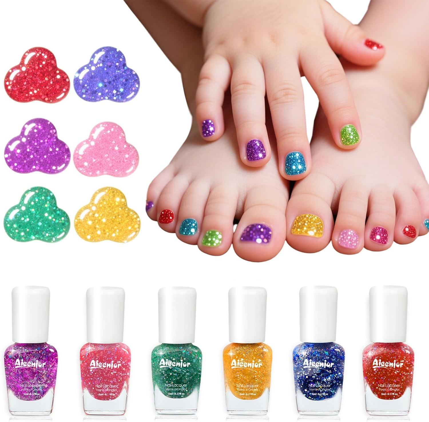 Aieenjor Quick Dry Kids Nail Polish Set, Glitter Non-Toxic Fingernail Polish for Toddler, Water-Based Peelable Nail Polish for Kids, 6 Color Rainbow for Kid Ages 3+ image number 2