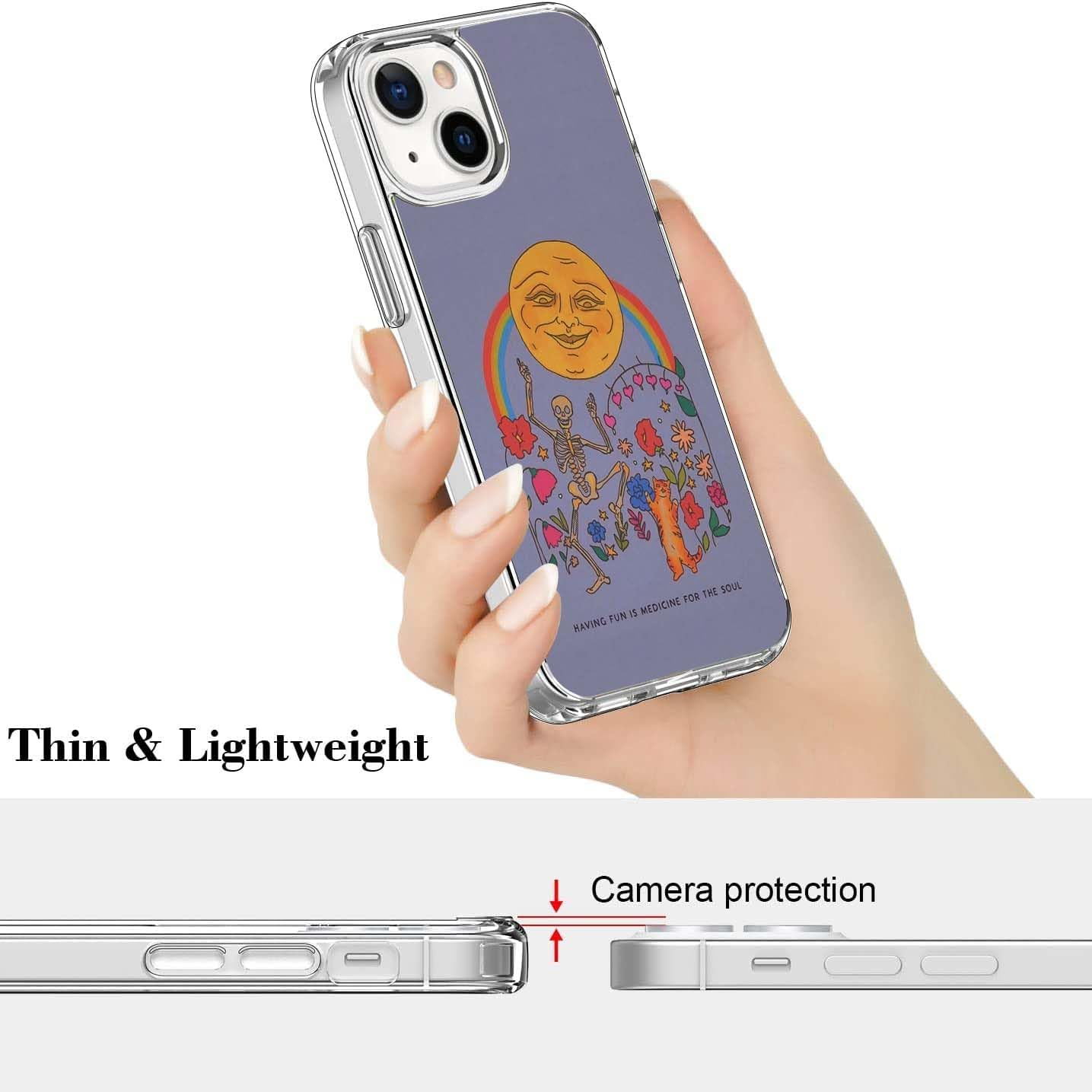 Hippie Sun Skeleton Cat Flowers Case Compatible with Iphone 13, Vintage Hippie Vibe Case for Iphone 13, Trendy TPU Phone Case Cover