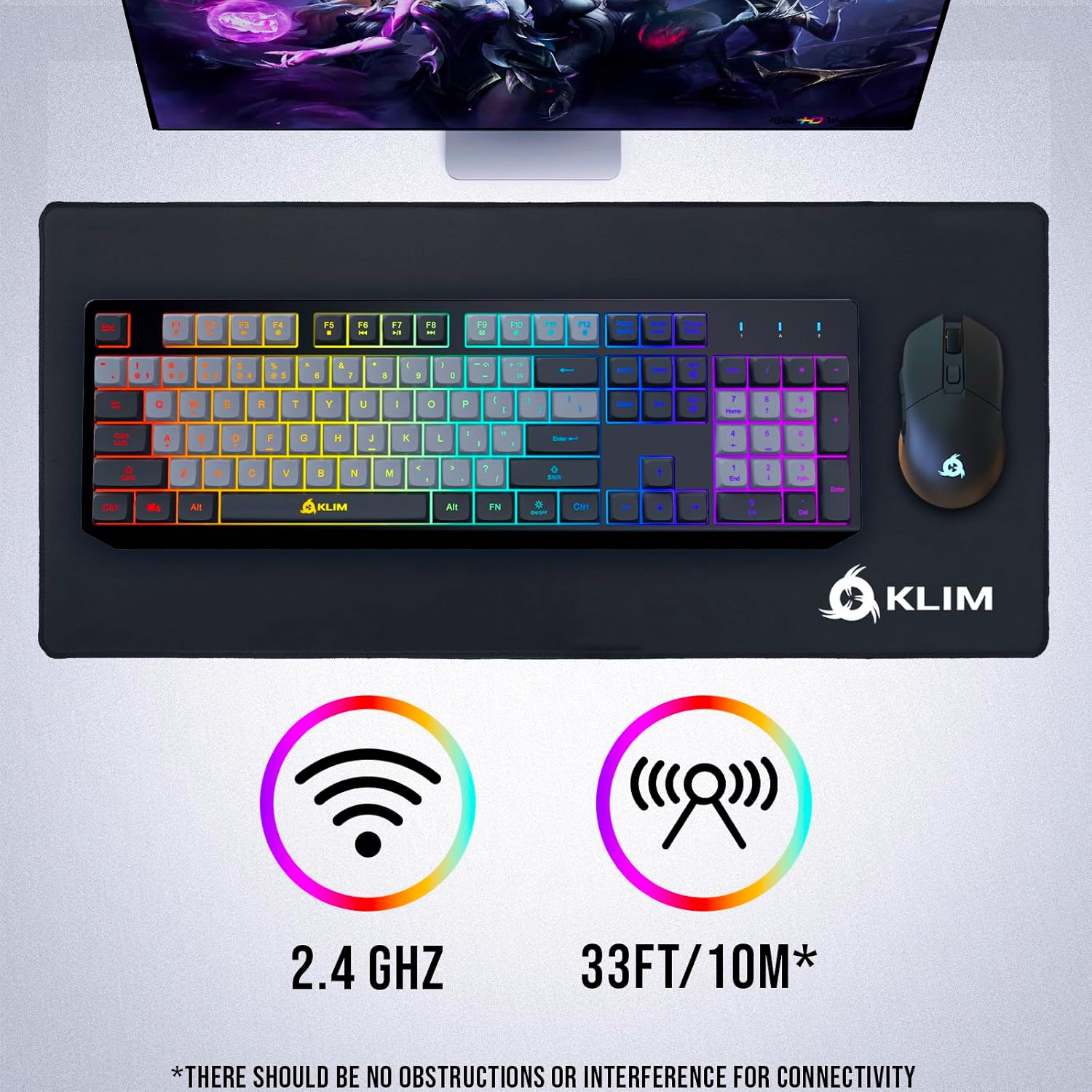 KLIM Chroma Wireless Gaming Keyboard RGB - Backlit Wireless Keyboard - Long-Lasting Rechargeable Battery - Quiet Water Resistant Ergonomic Keyboard - Teclado Gamer - PC PS5 PS4 Mac - Gray/Black image number 5