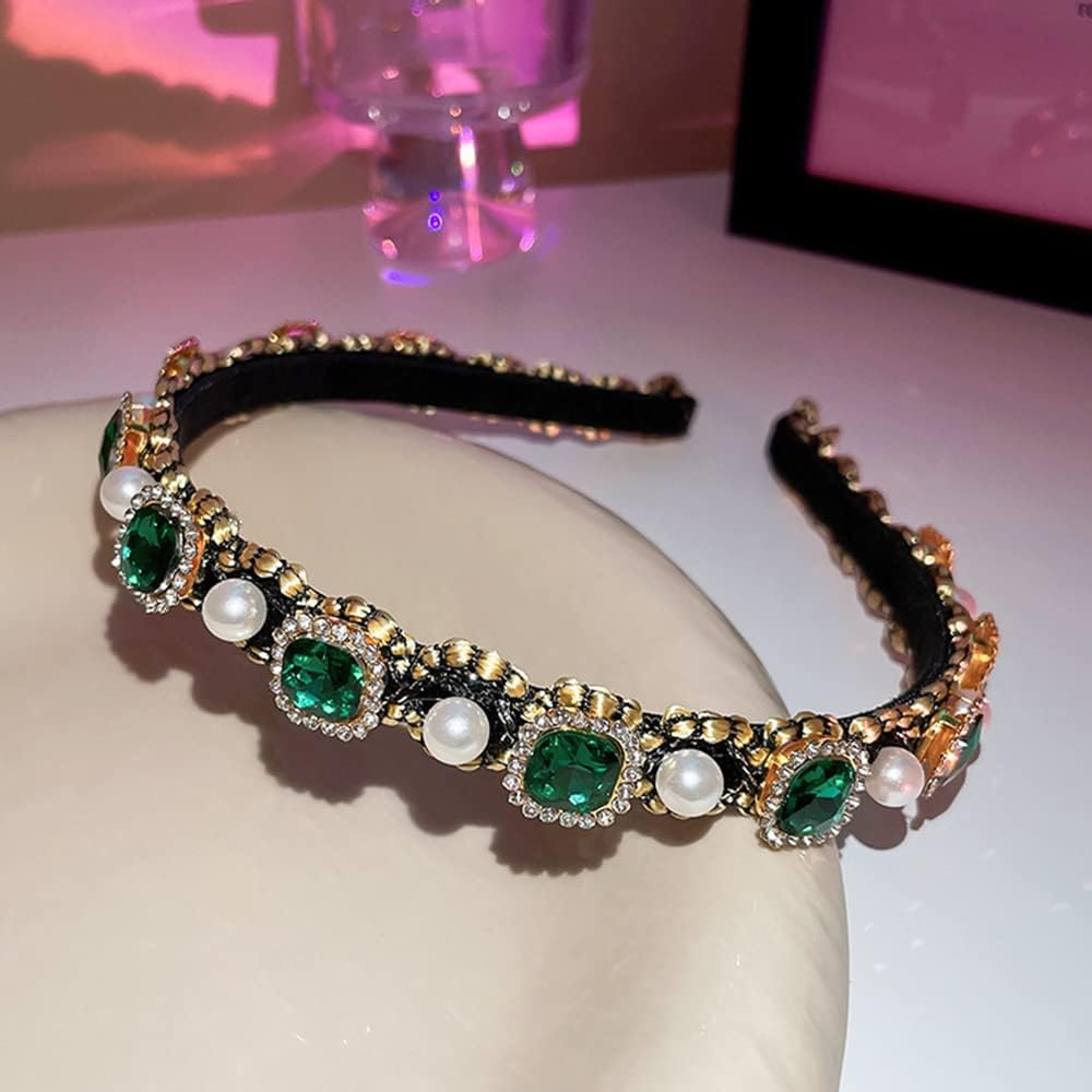 Wiwpar Rhinestone Crystal Headband for Women Girls Sparkly Pearl Beaded Hair Hoops Party Headwear Vintage Style Bling Accessories for Women Girls Christmas Gift (Green) - Color 1 image number 4