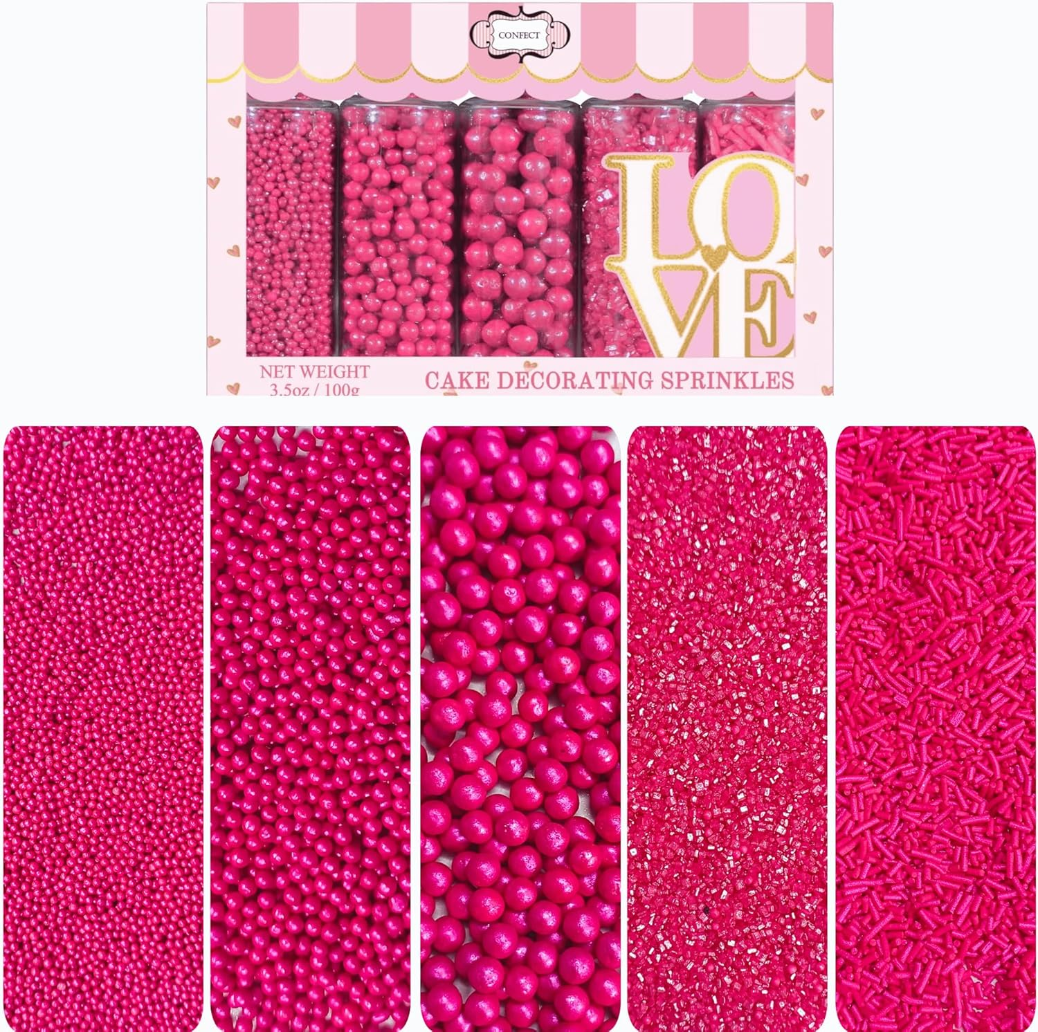 Confect Sprinkles for Cakes & Cupcakes Decoration | Assorted Pack of 5 Crimson Pearl Sprinkles | Pink Sprinkles | Bithday Sprinkles | Edible Mix Dragees, Jimmies & Sparkling Sugar - 3.5 Oz image number 6