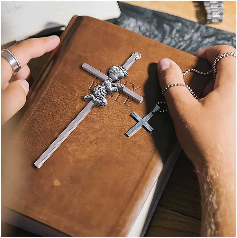 Silver Wall Cross Decor Baptism Gifts Praying,Great for Christening,First Holy Communion,Shower Catholic Gift image number 6