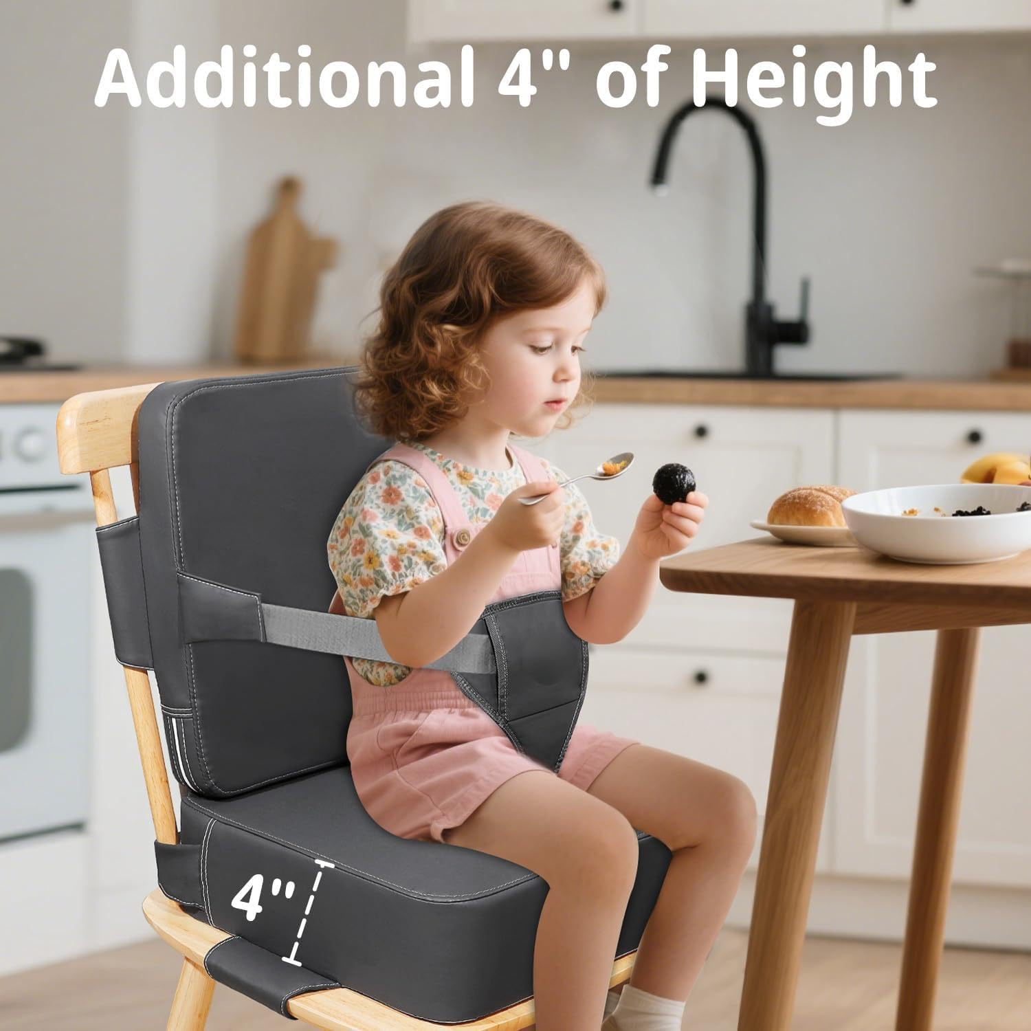 Toddler Booster Seat for Kitchen Chair, 2-In-1 Dining Table Booster Seat with Backrest & Adjustable Straps &ndash; Easy-Clean, PU Portable Toddler Eating Travel Increasing Cushion - Dark Grey - Light Khaki image number 2