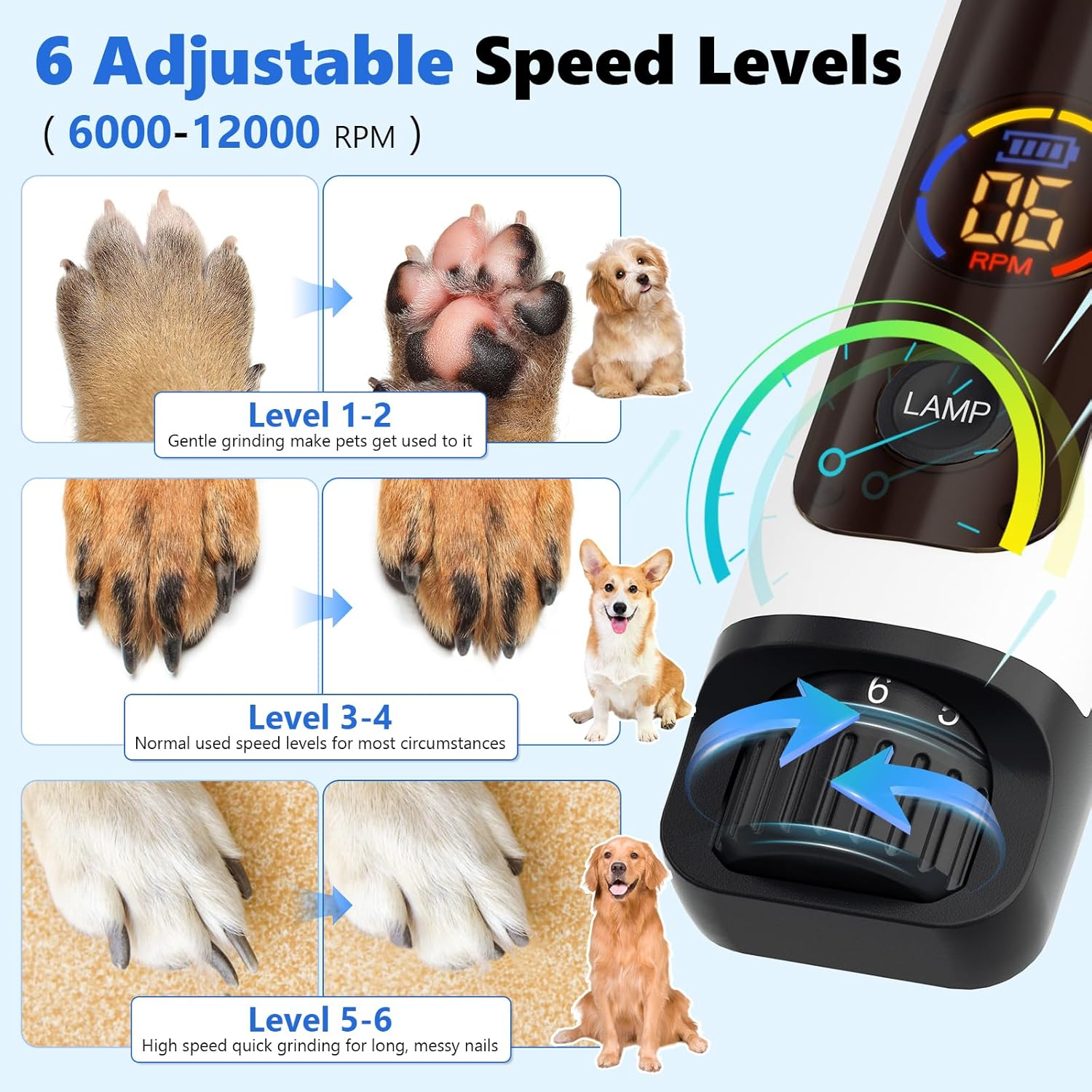 Electric Dog Nail Grinder, Portable 6-Speed Pet Nail Grinder 12000RPM with 2 LED Lights & Large Battery, Rechargeable Dog Nail Grinding Machine for Cats Small Medium Large Dogs Grooming Tools image number 4